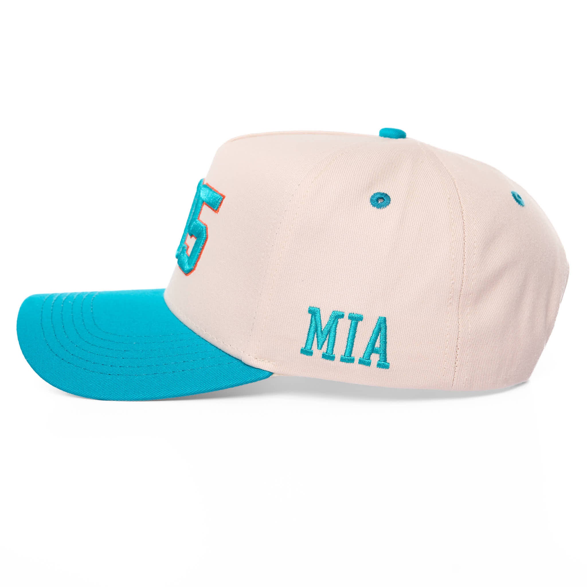 Beige and blue cap with 'MIA' text on a white background