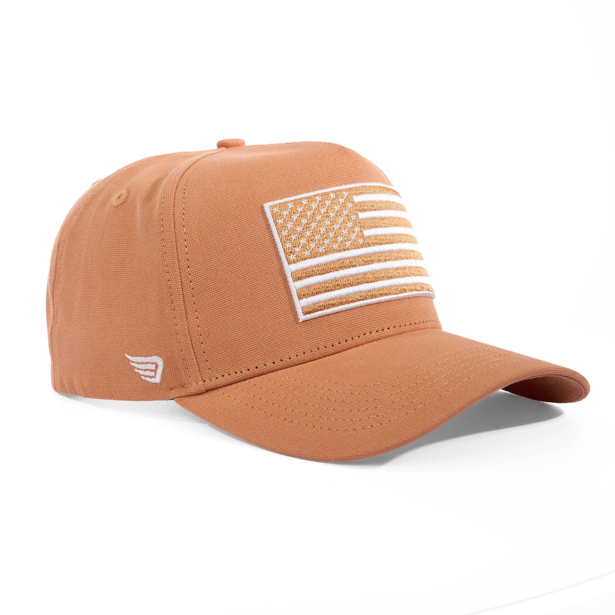 Brown cap with American flag patch on a white background