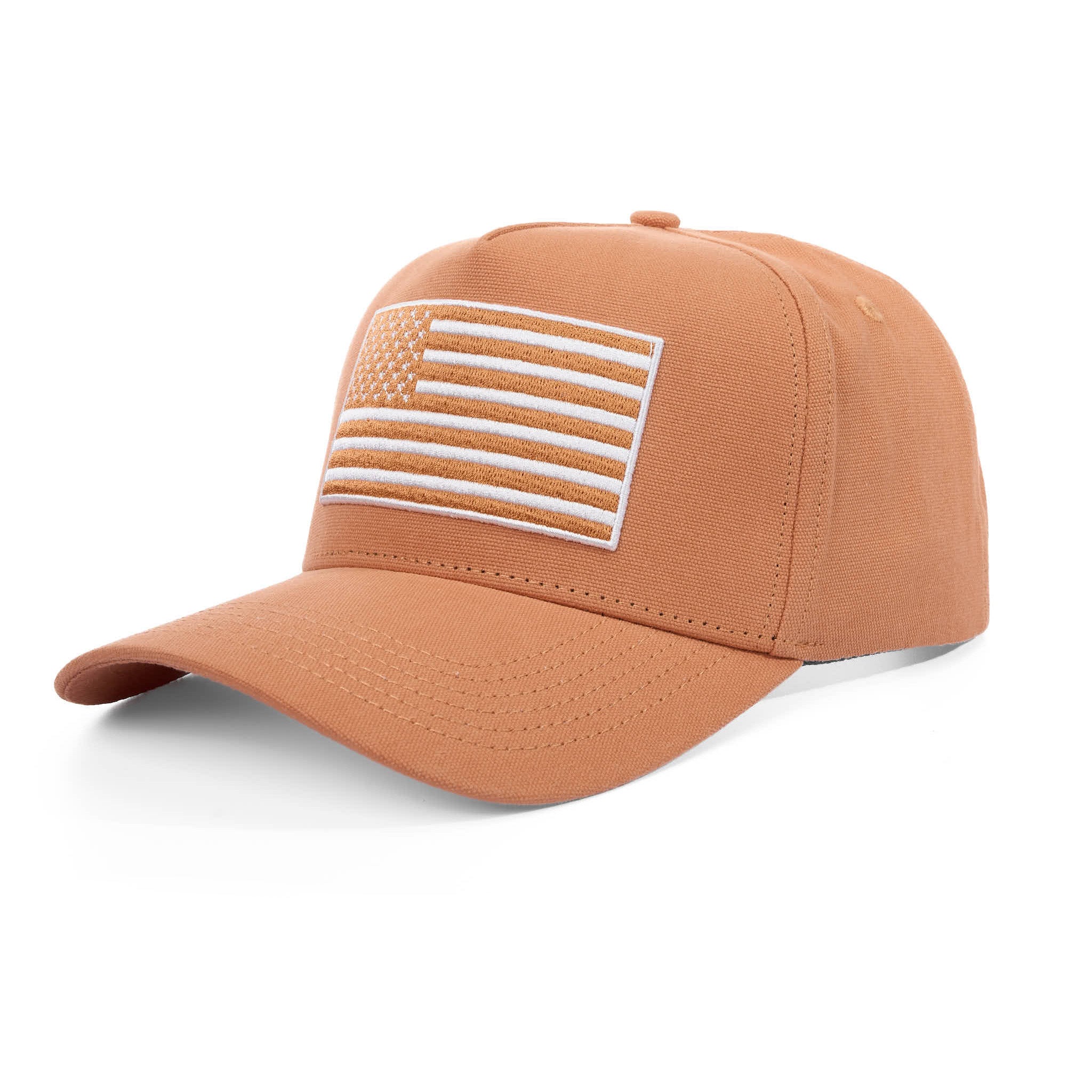 Brown cap with white American flag design on a white background