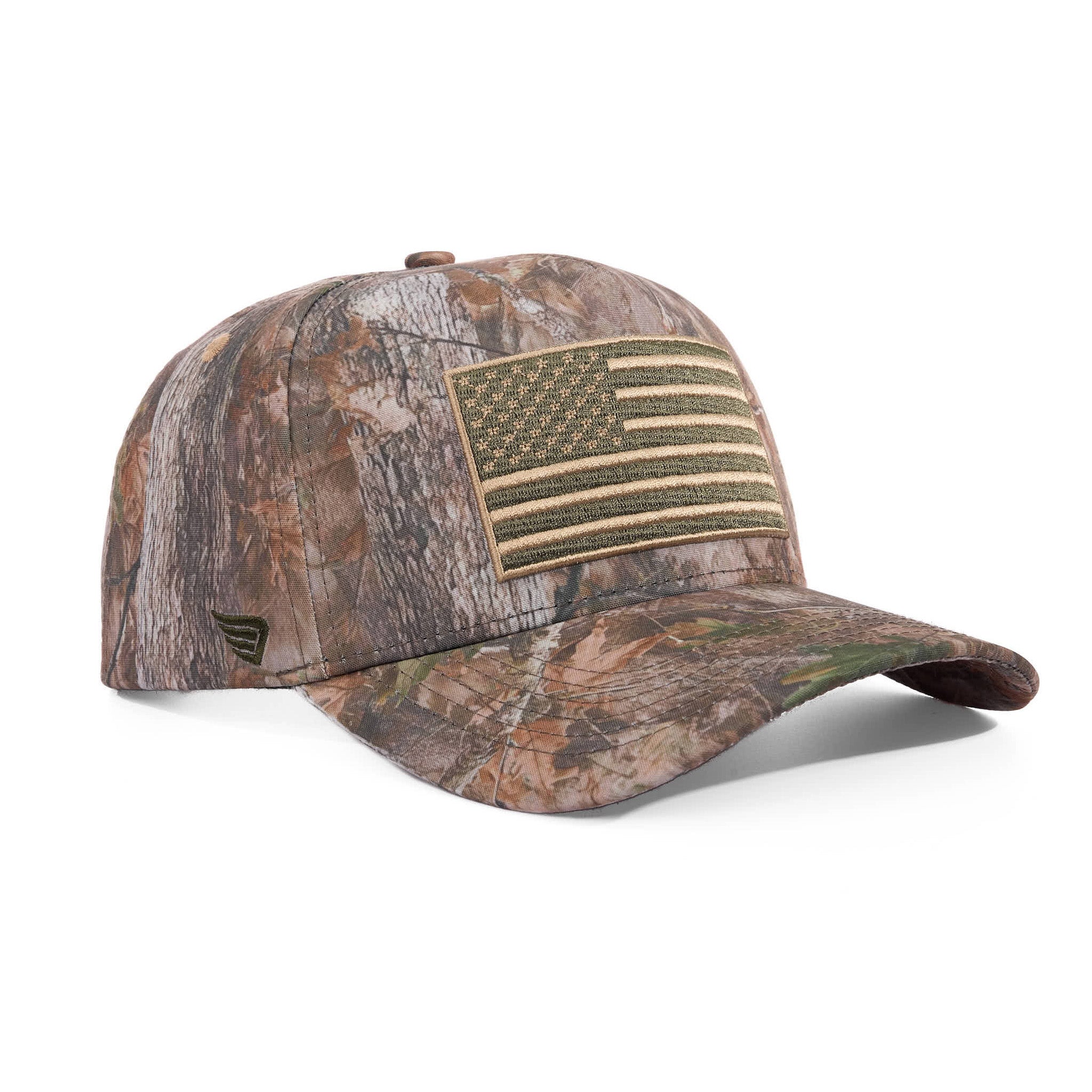 Camouflage baseball cap with American flag patch on a white background