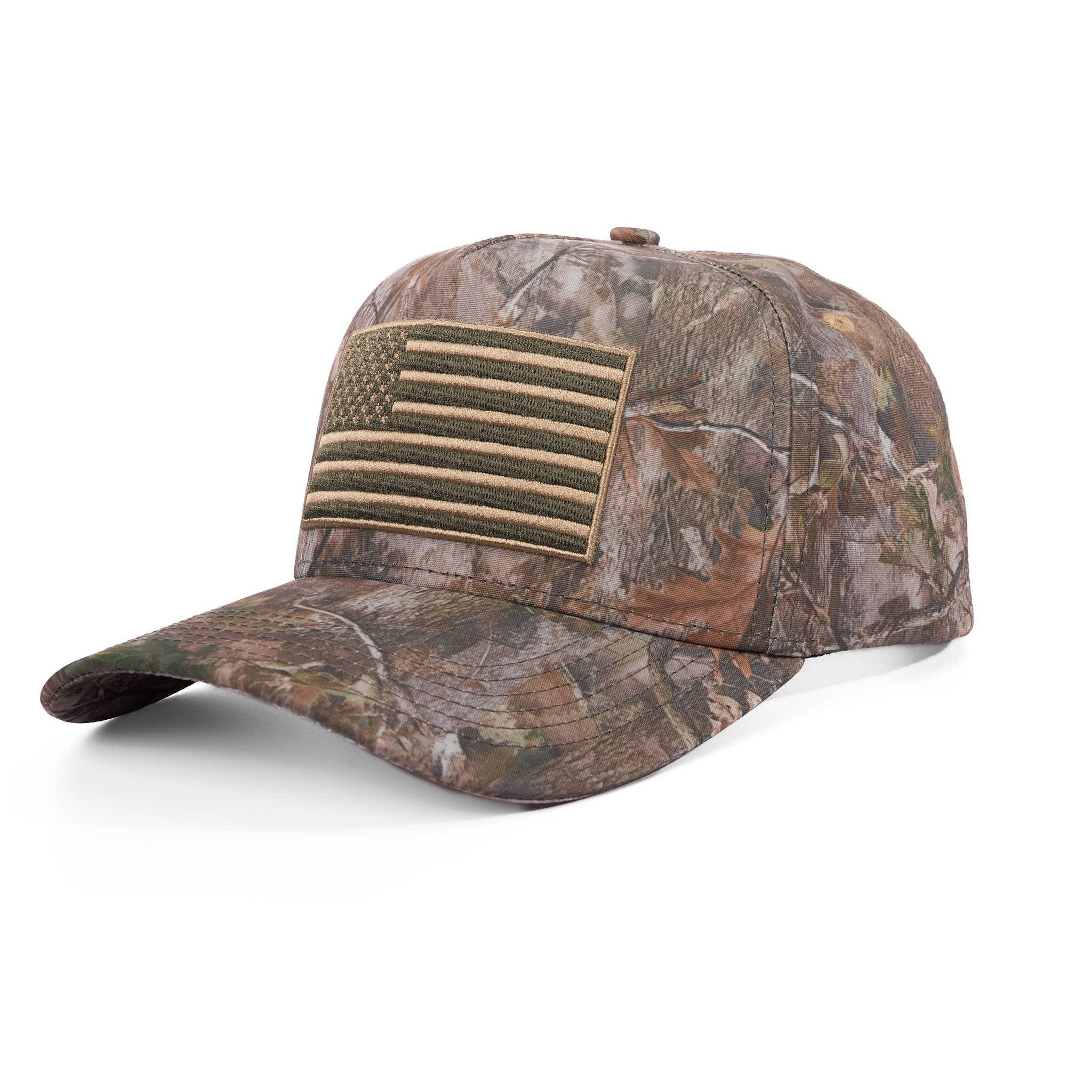 Camouflage baseball cap with American flag patch on a white background