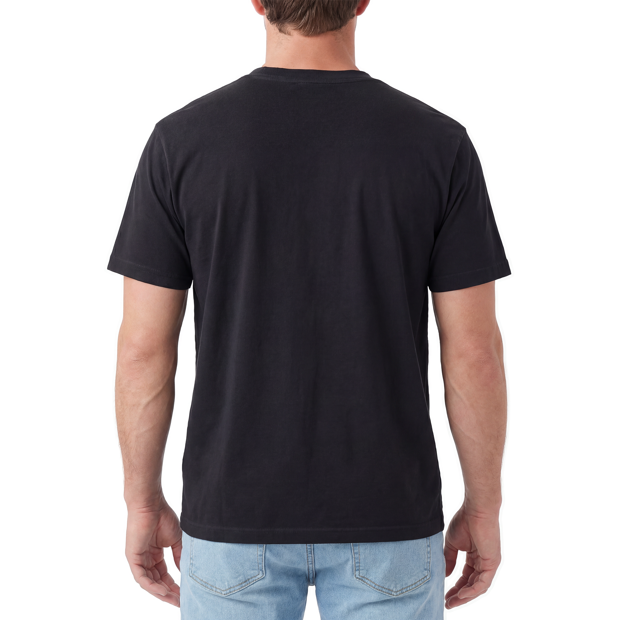 Black t-shirt worn by a person on a white background