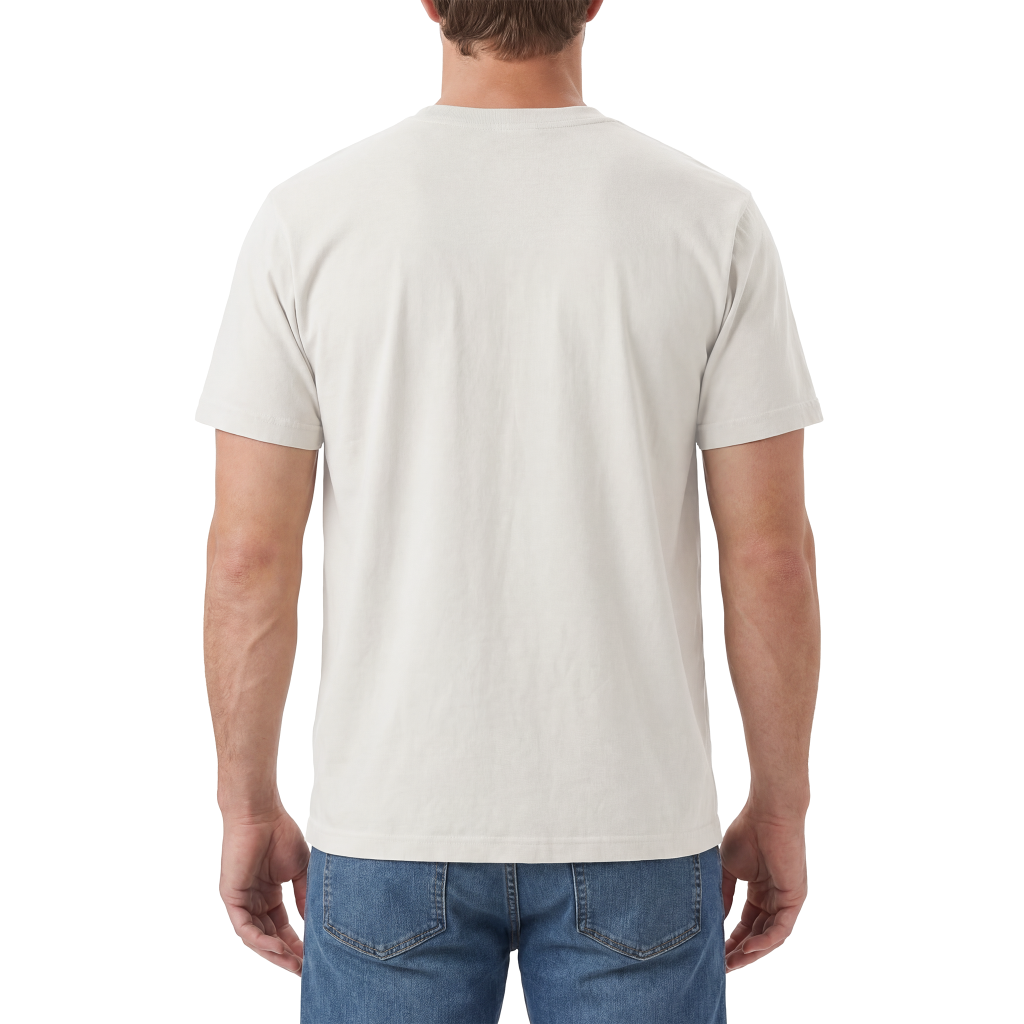 Man wearing a plain white t-shirt and blue jeans on a white background