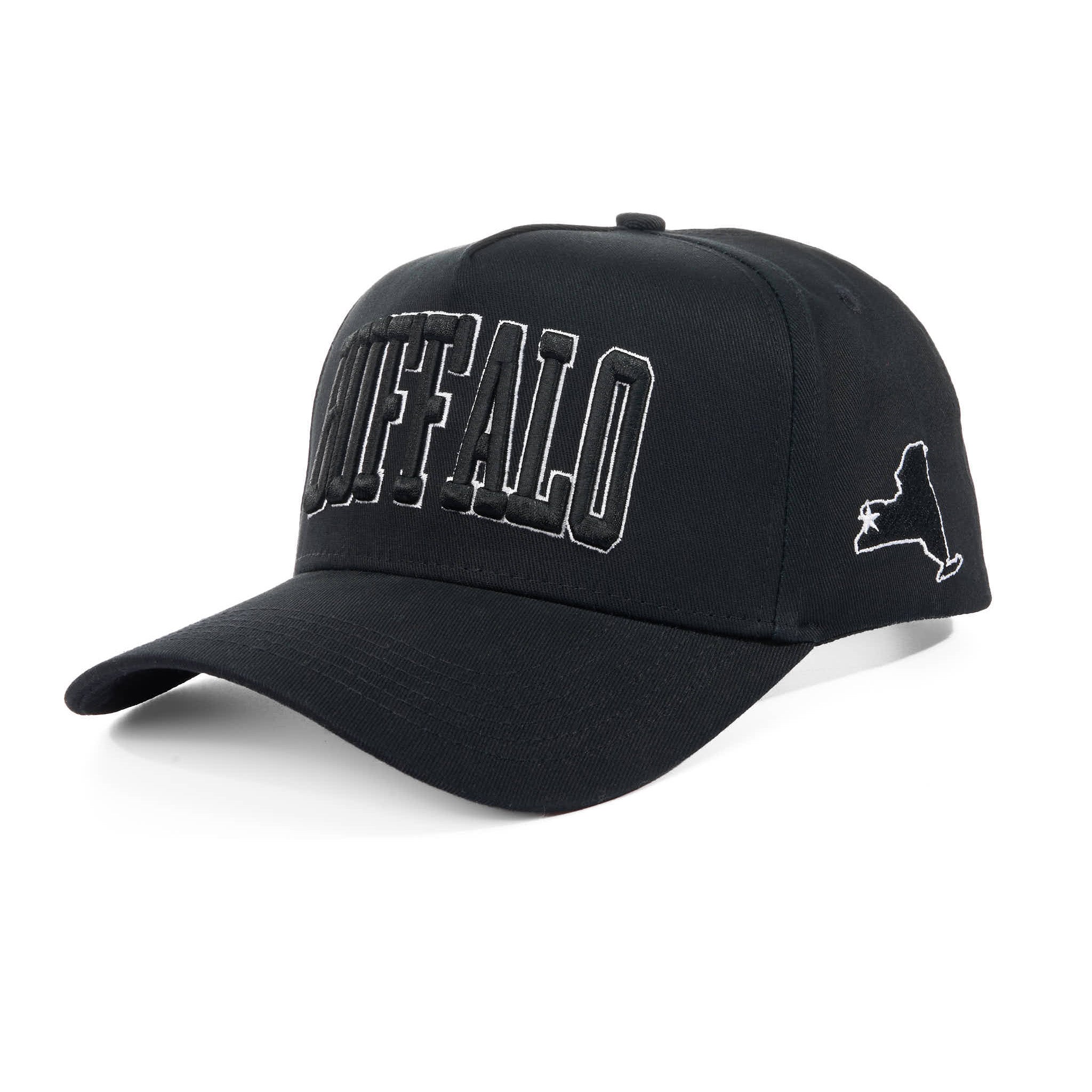 Black cap with 'BUFFALO' text and outline of New York state on a white background