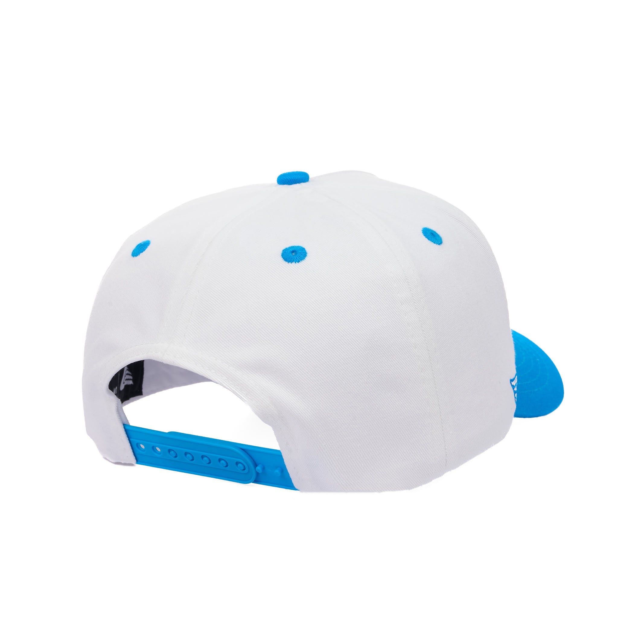 White cap with blue accents on a white background