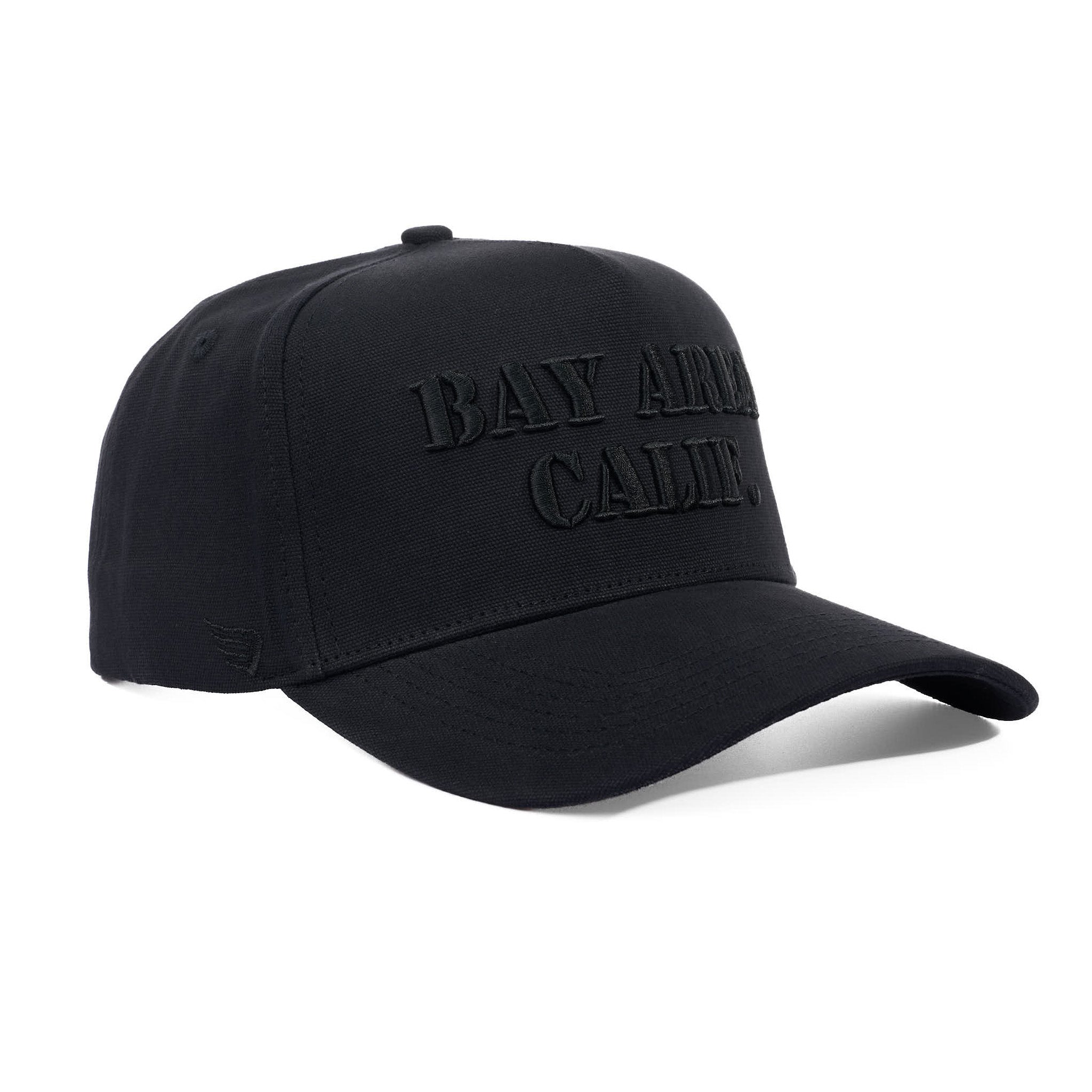 Black cap with 'BAY AREA CALI' text on a white background