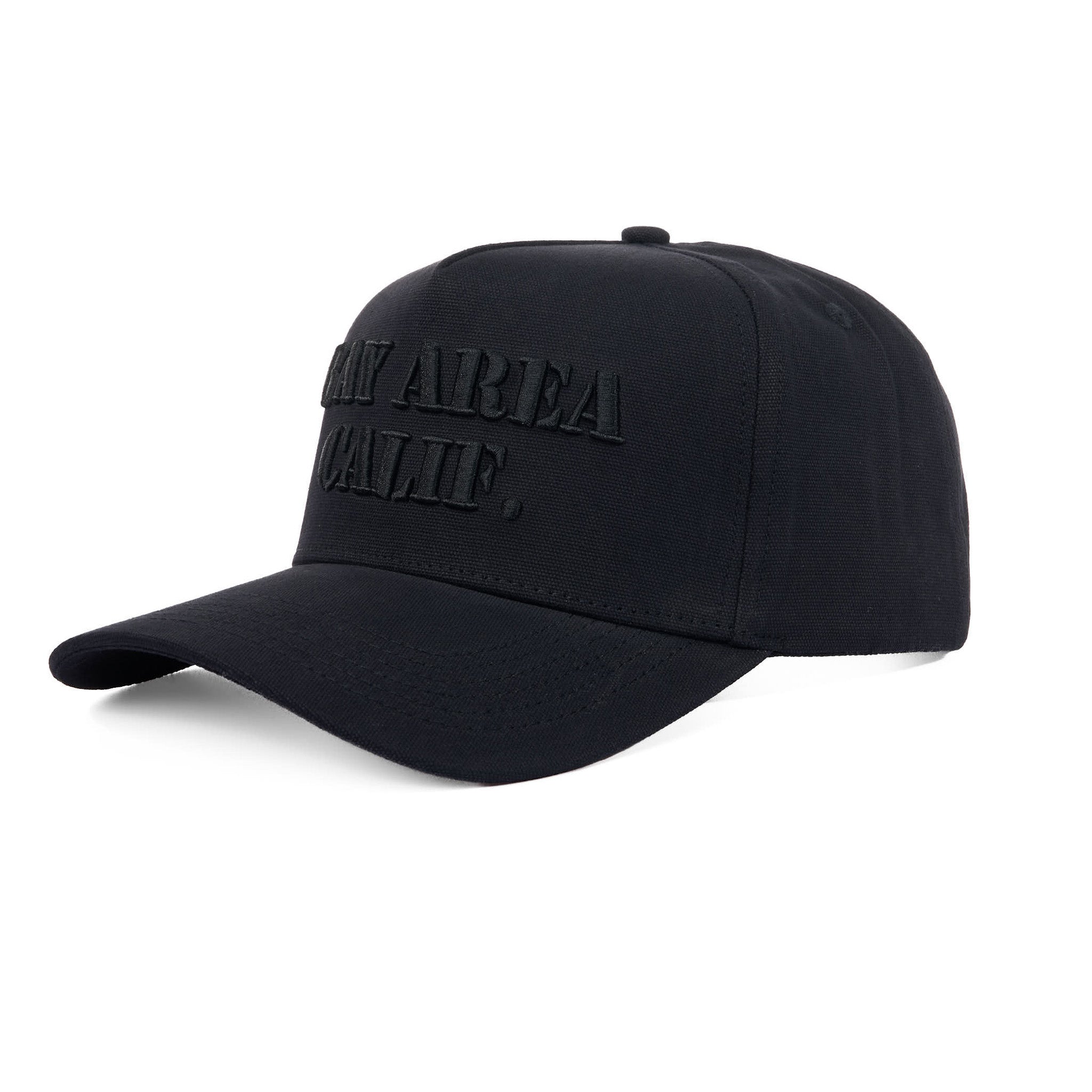 Black cap with text on a white background