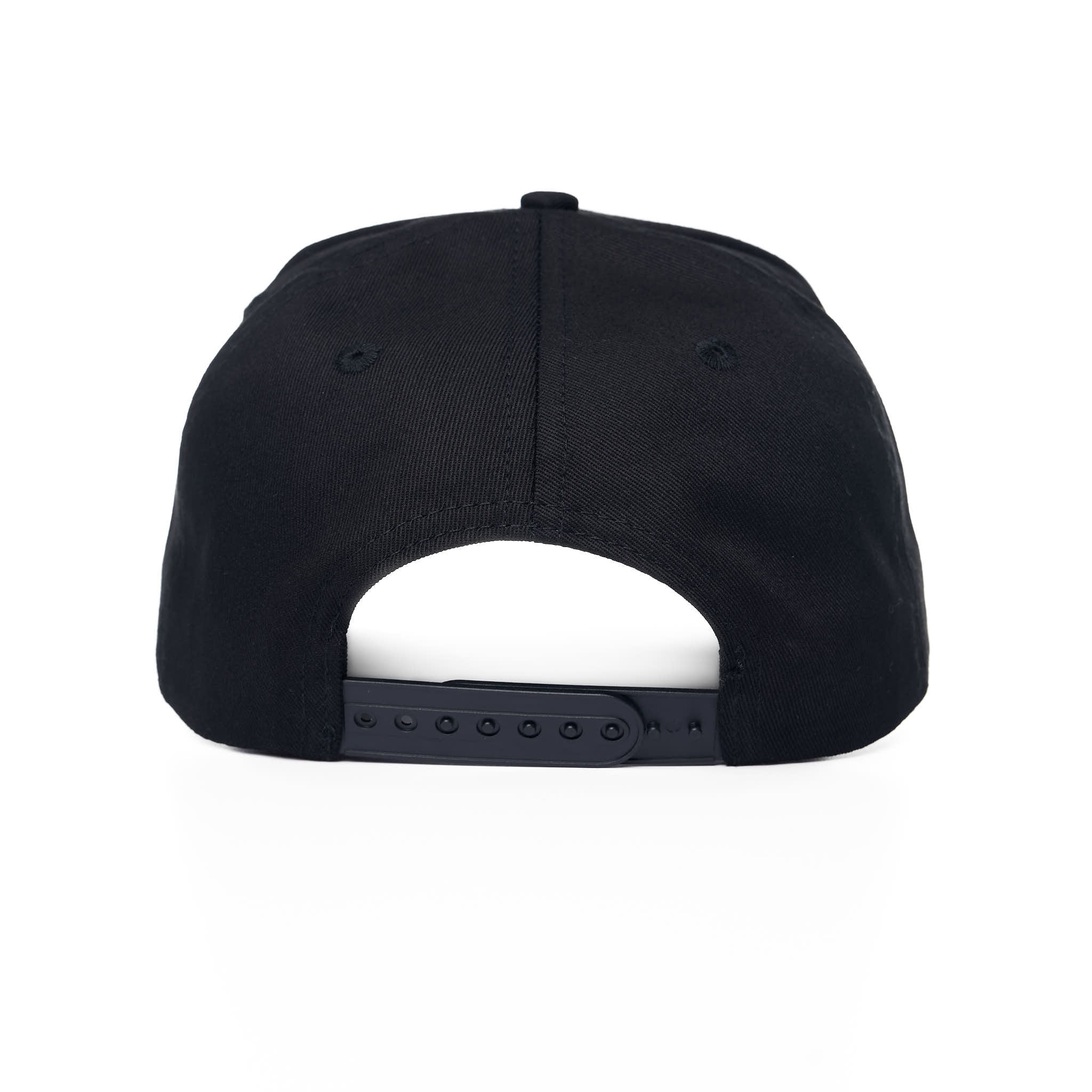 BLACK SNAPBACK HAT ON WHITE BACKGROUND