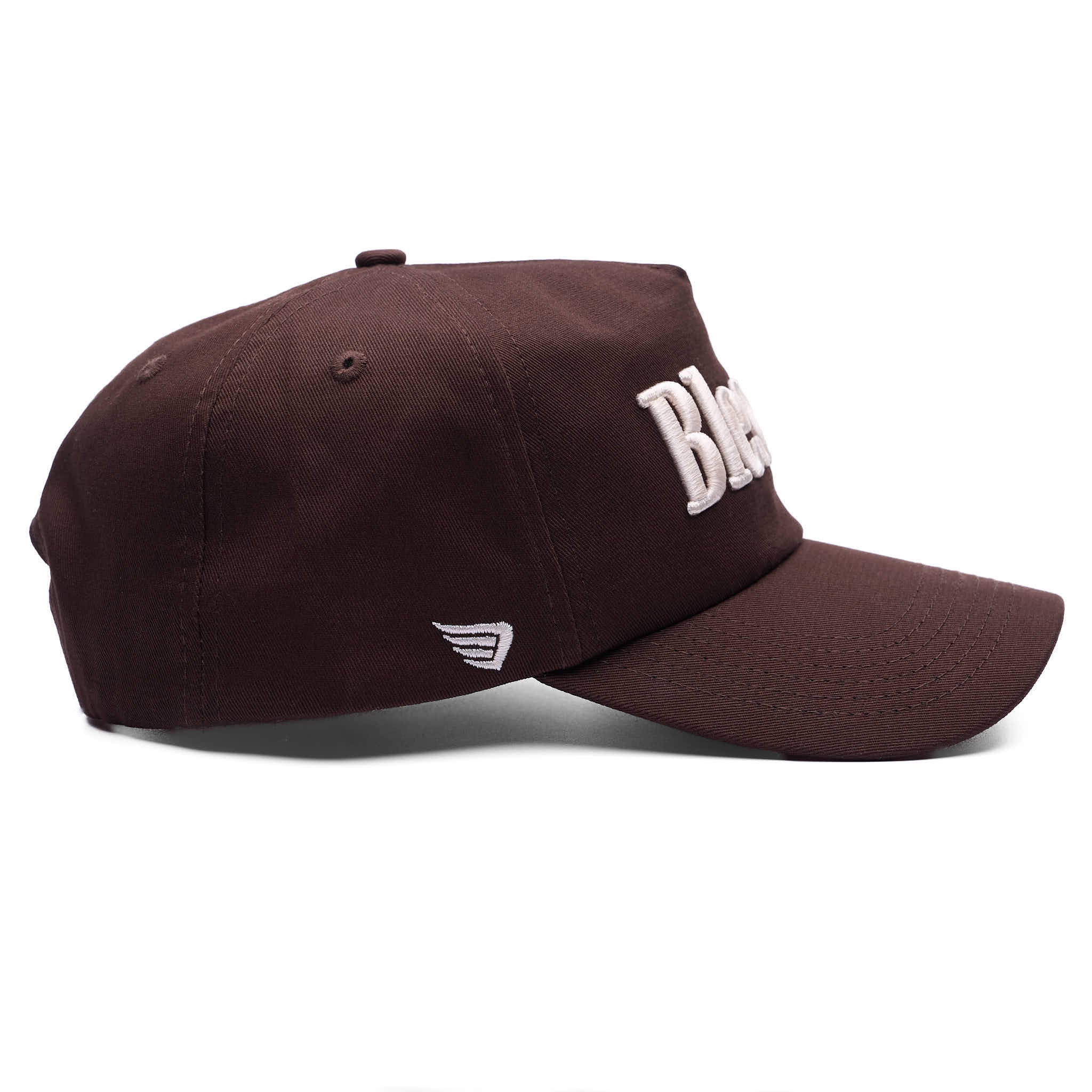 Brown cap with white logo on a white background