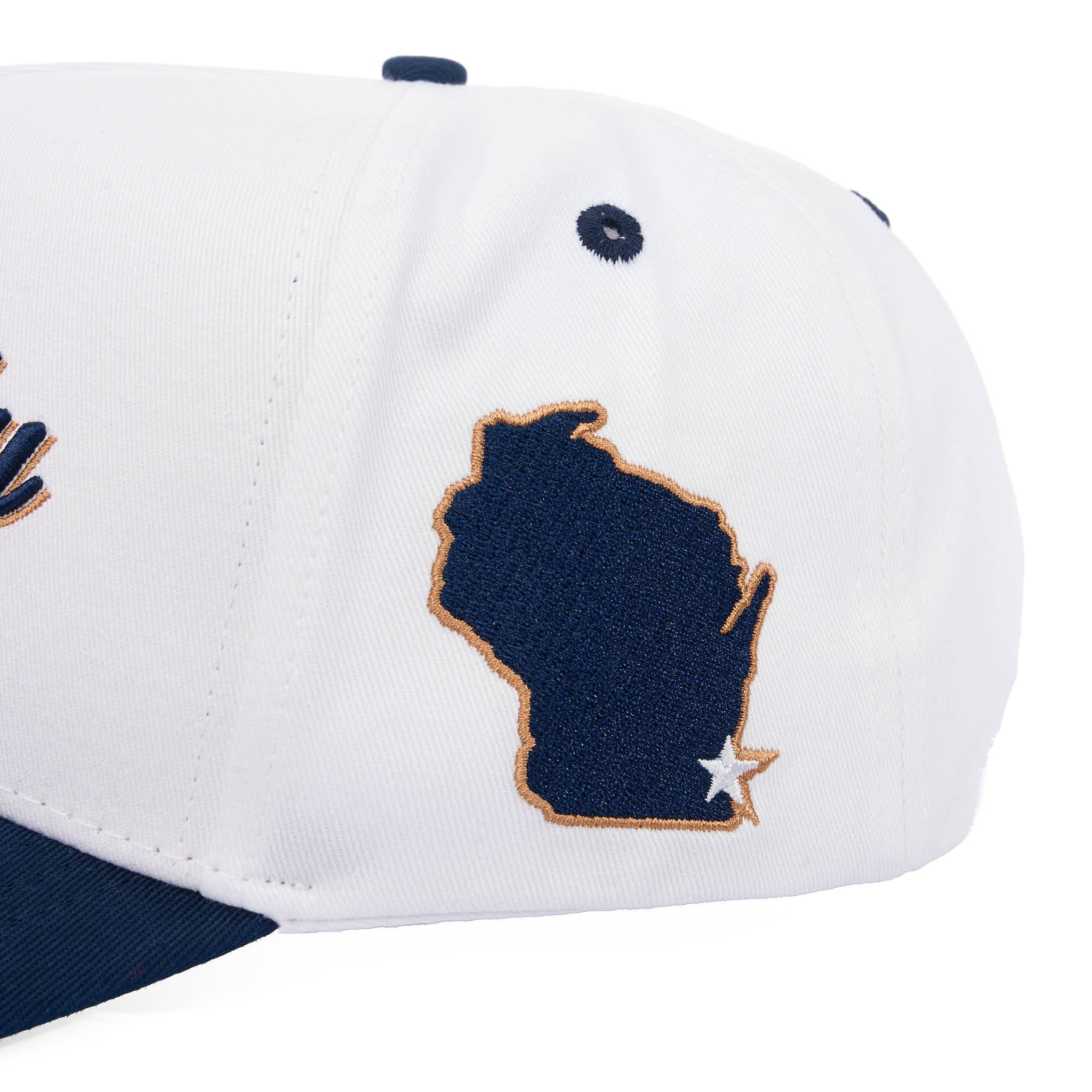 White cap with a blue and gold outline of Wisconsin on a white background