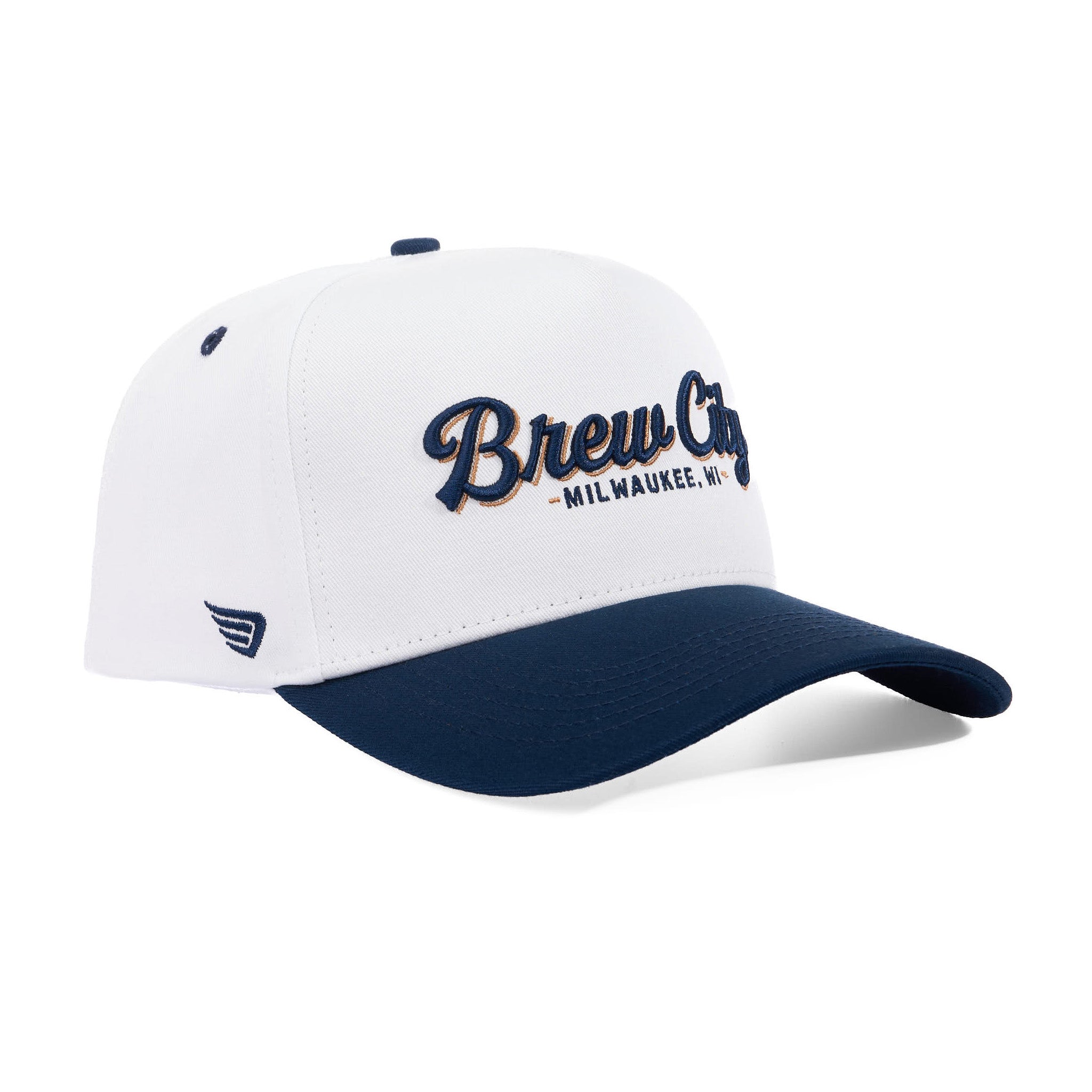 White and navy baseball cap with 'Brew City Milwaukee, WI' text on a white background