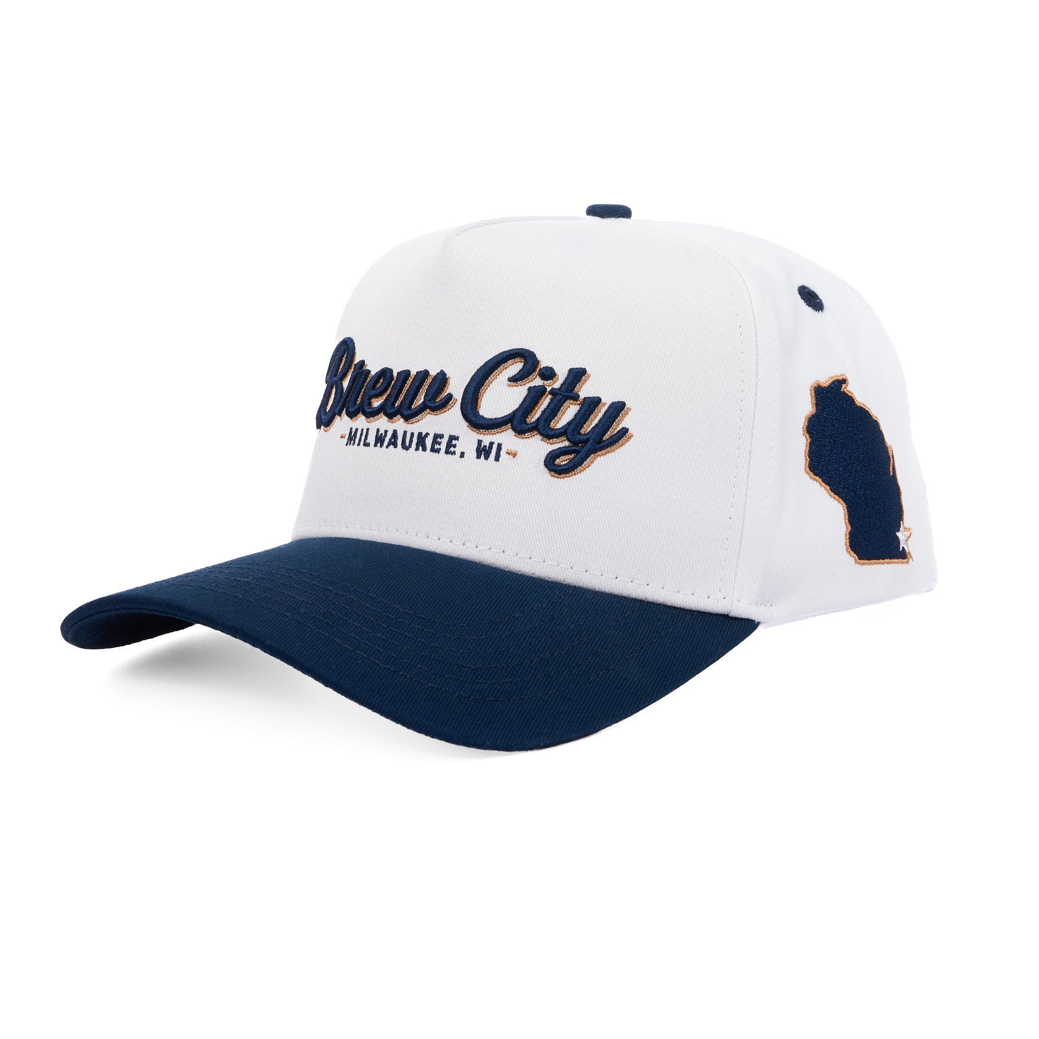 White and navy cap with 'Brew City' and Wisconsin map logo on a white background