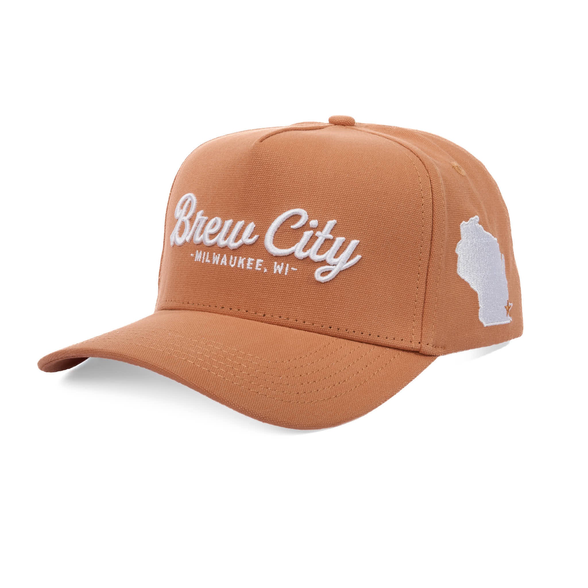 Brown cap with 'Brew City Milwaukee, WI' text and state outline on a white background