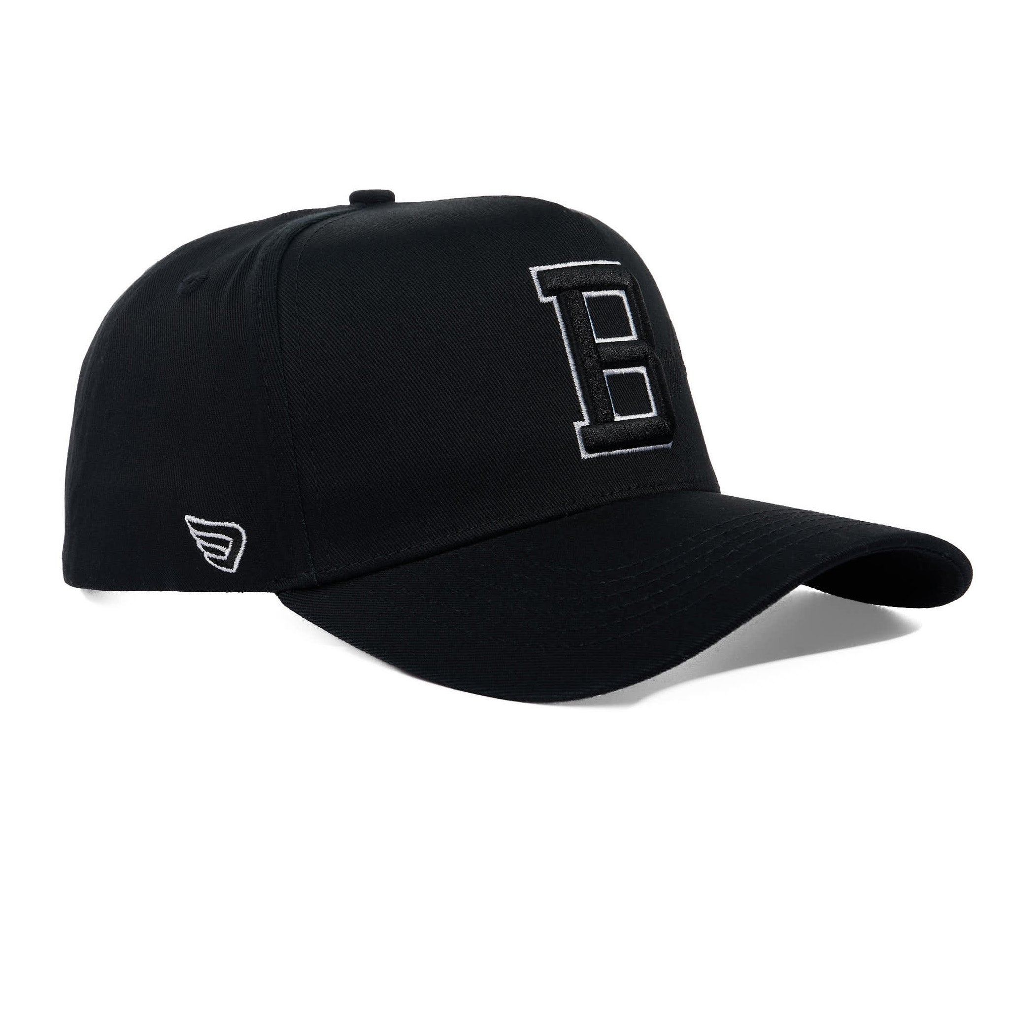 Black cap with a logo on a white background