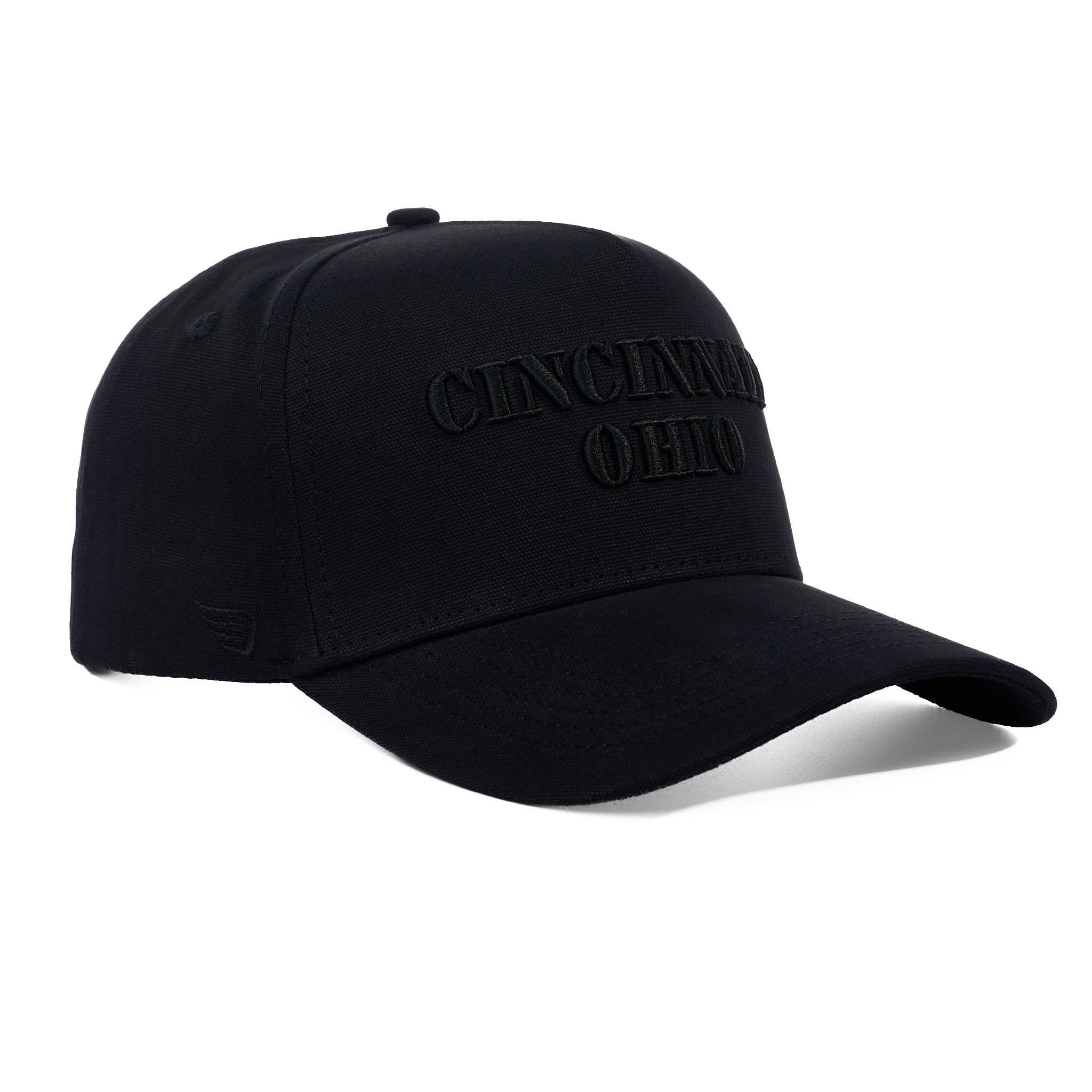 Black cap with 'Cincinnati Ohio' text on a white background