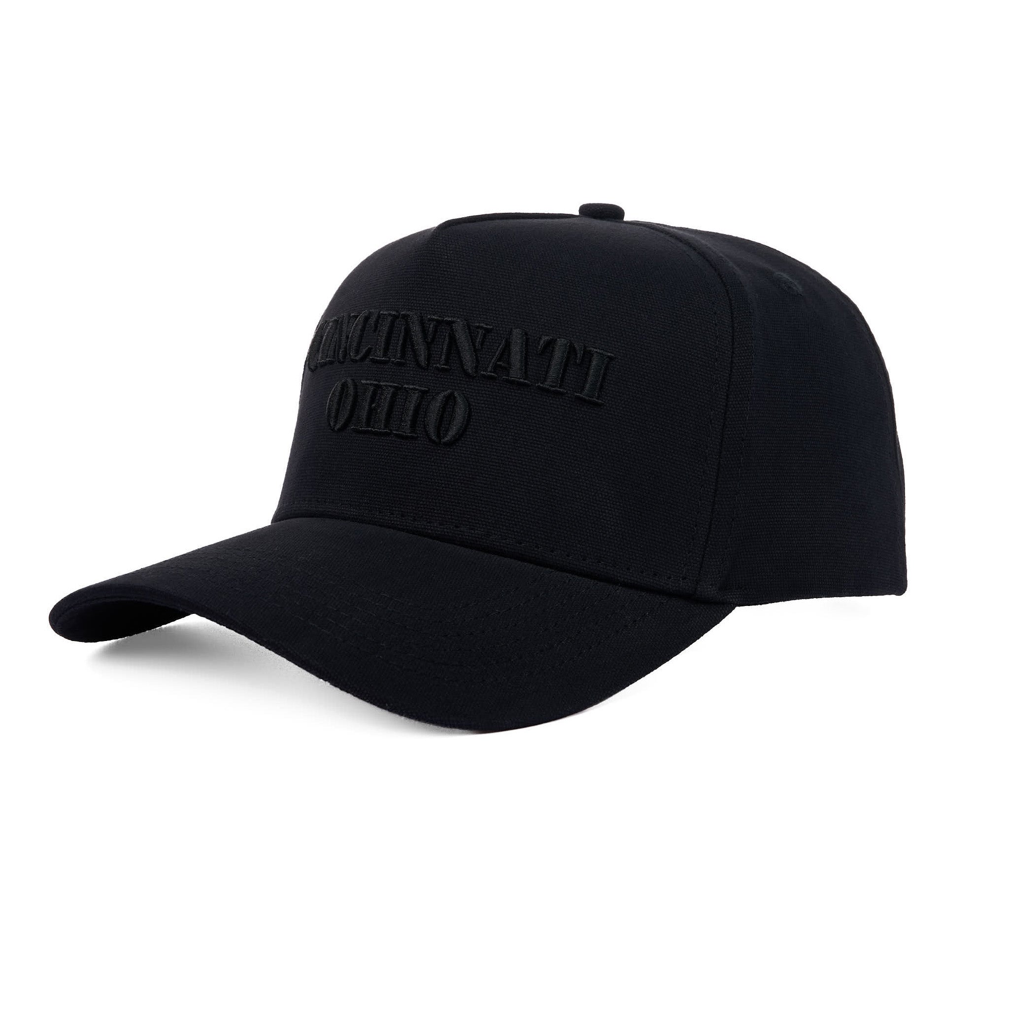 Black cap with 'Cincinnati Ohio' text on a white background