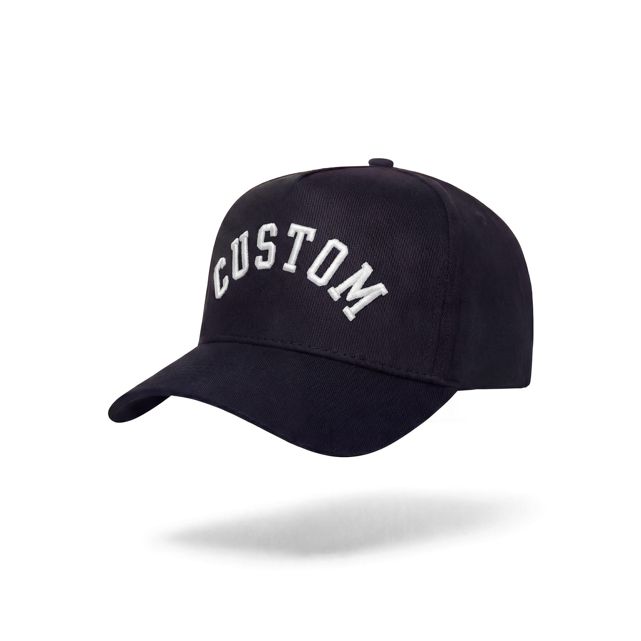 Black cap with 'CUSTOM' text on a white background