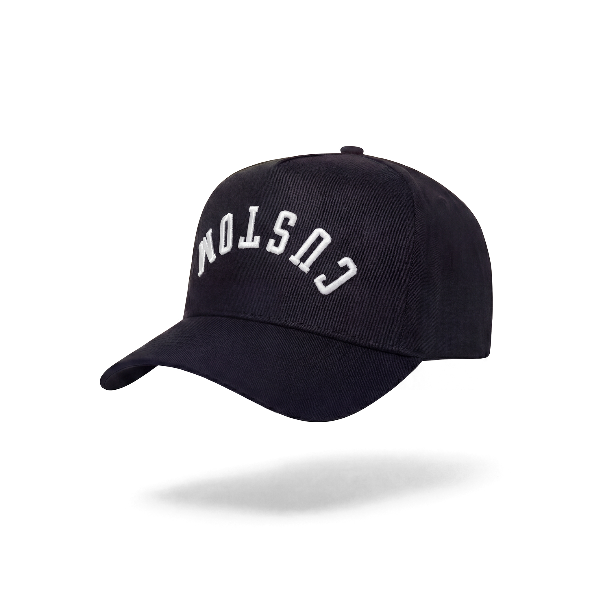Black cap with 'CUSTOM' text on a white background