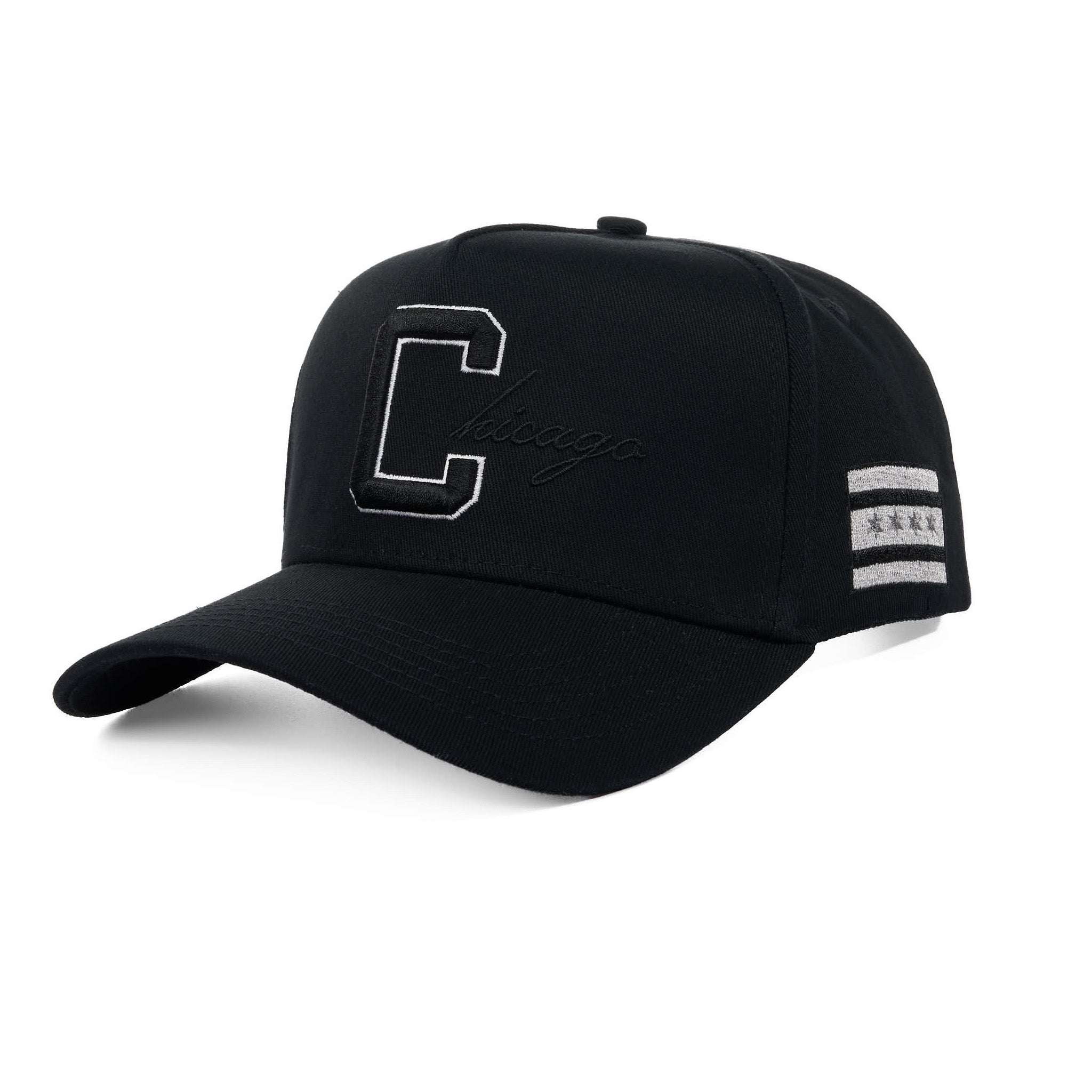 Black cap with a logo and flag patch on a white background