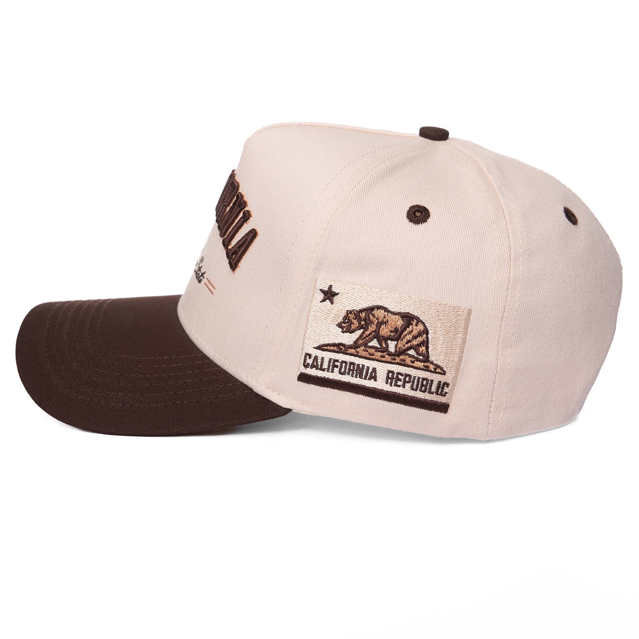 Beige and brown cap with California Republic bear emblem on a white background