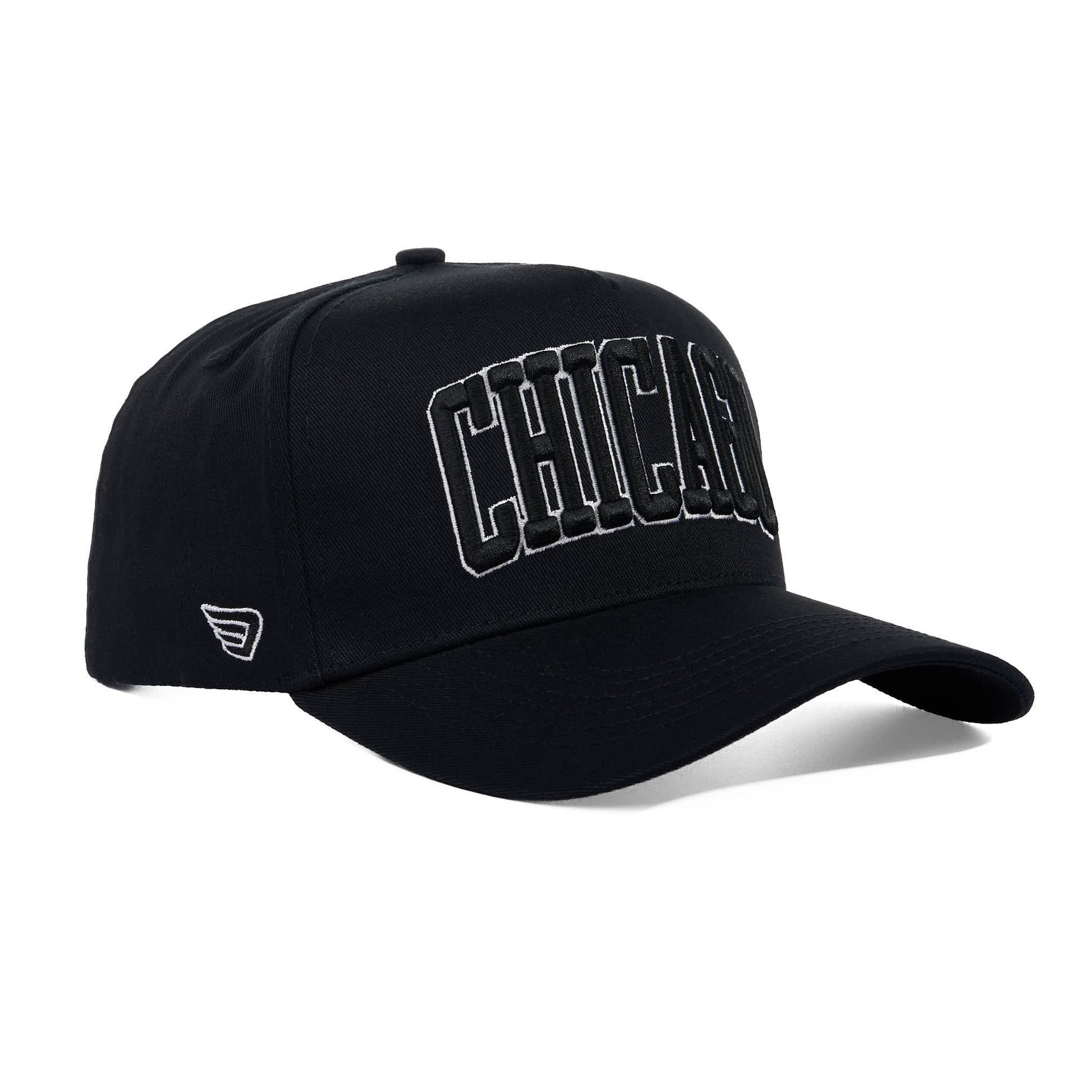 Black cap with 'CHICAGO' text on a white background