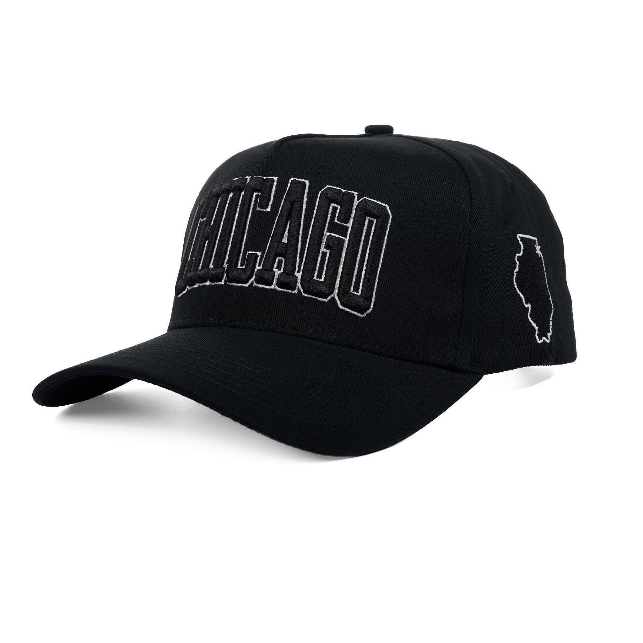 Black cap with 'Chicago' and a state outline on a white background
