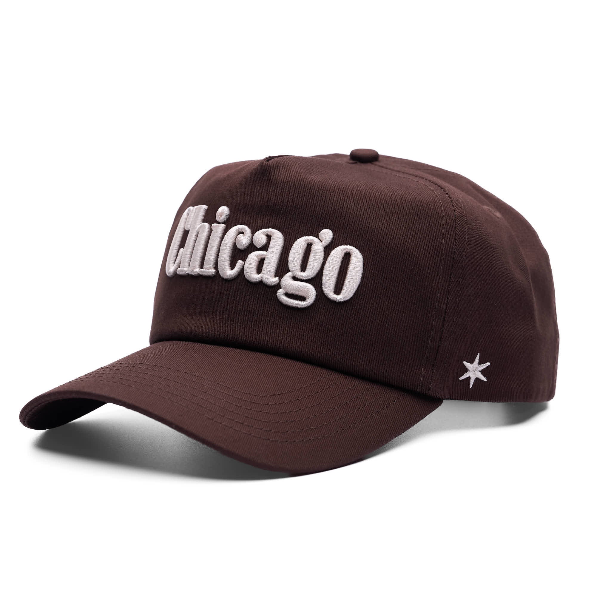 Brown hat with Chicago Embroidered, on white background