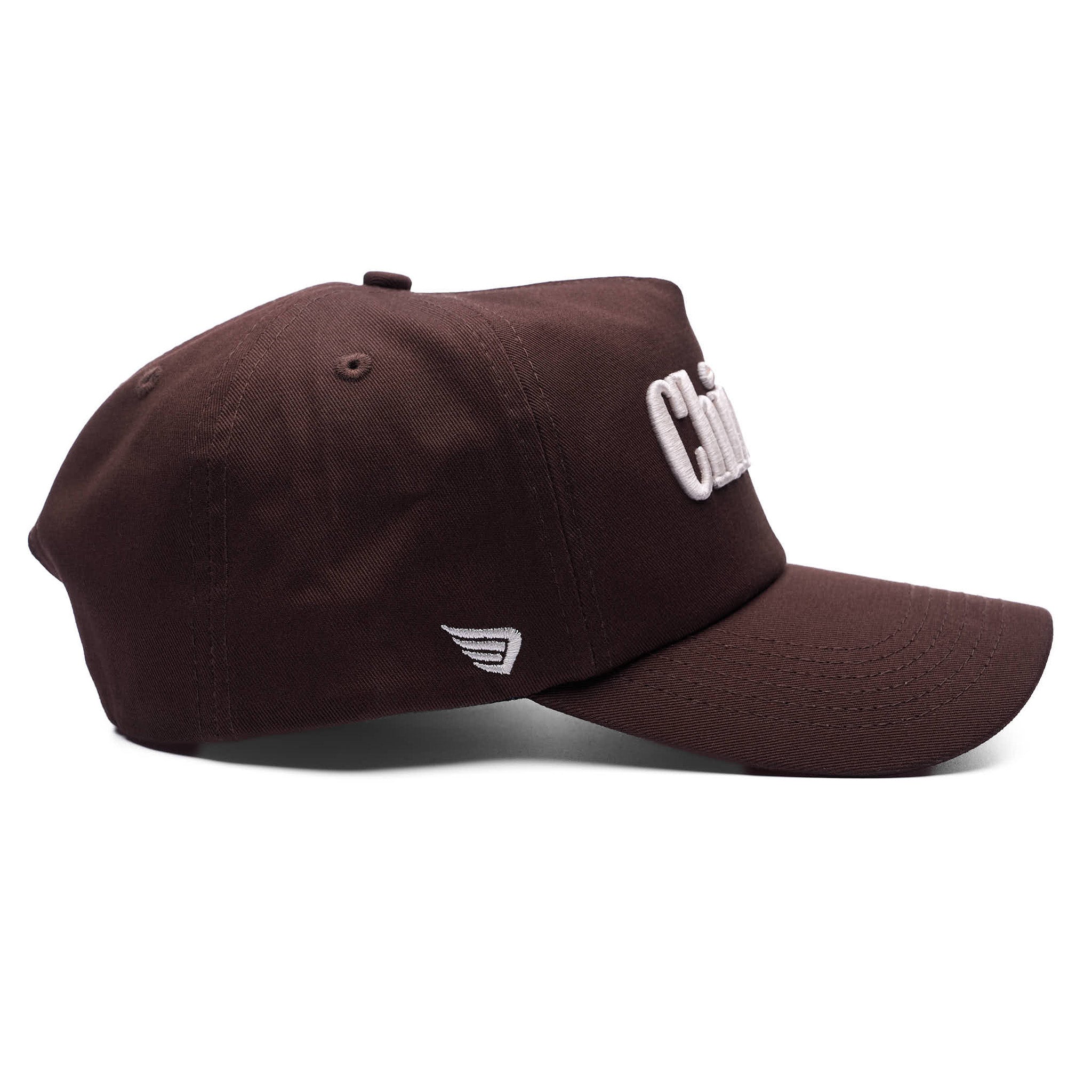 Brown hat with white logo on a white background