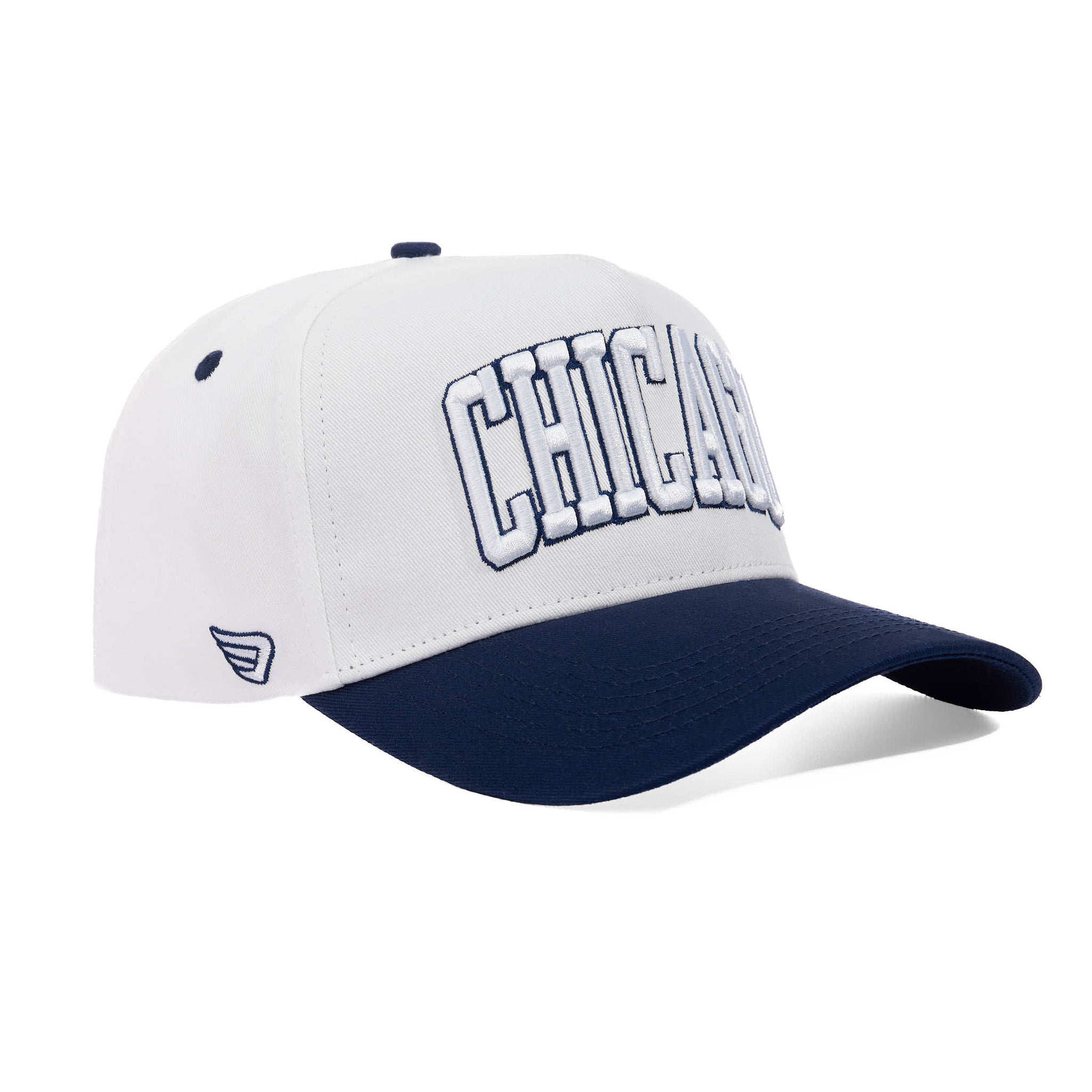 White and navy cap with 'Chicago' text on a white background