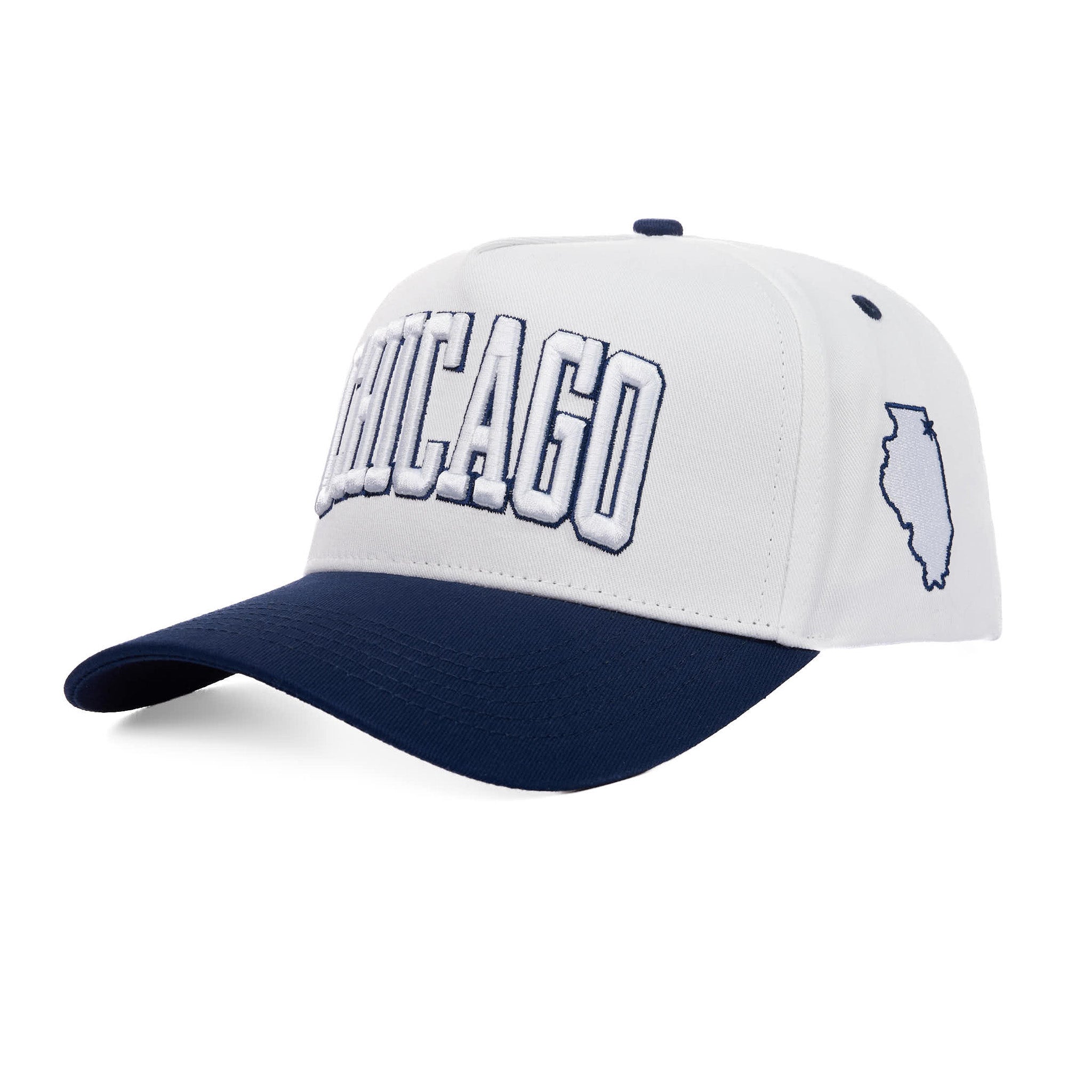 White and navy cap with 'Chicago' and Illinois outline on a white background