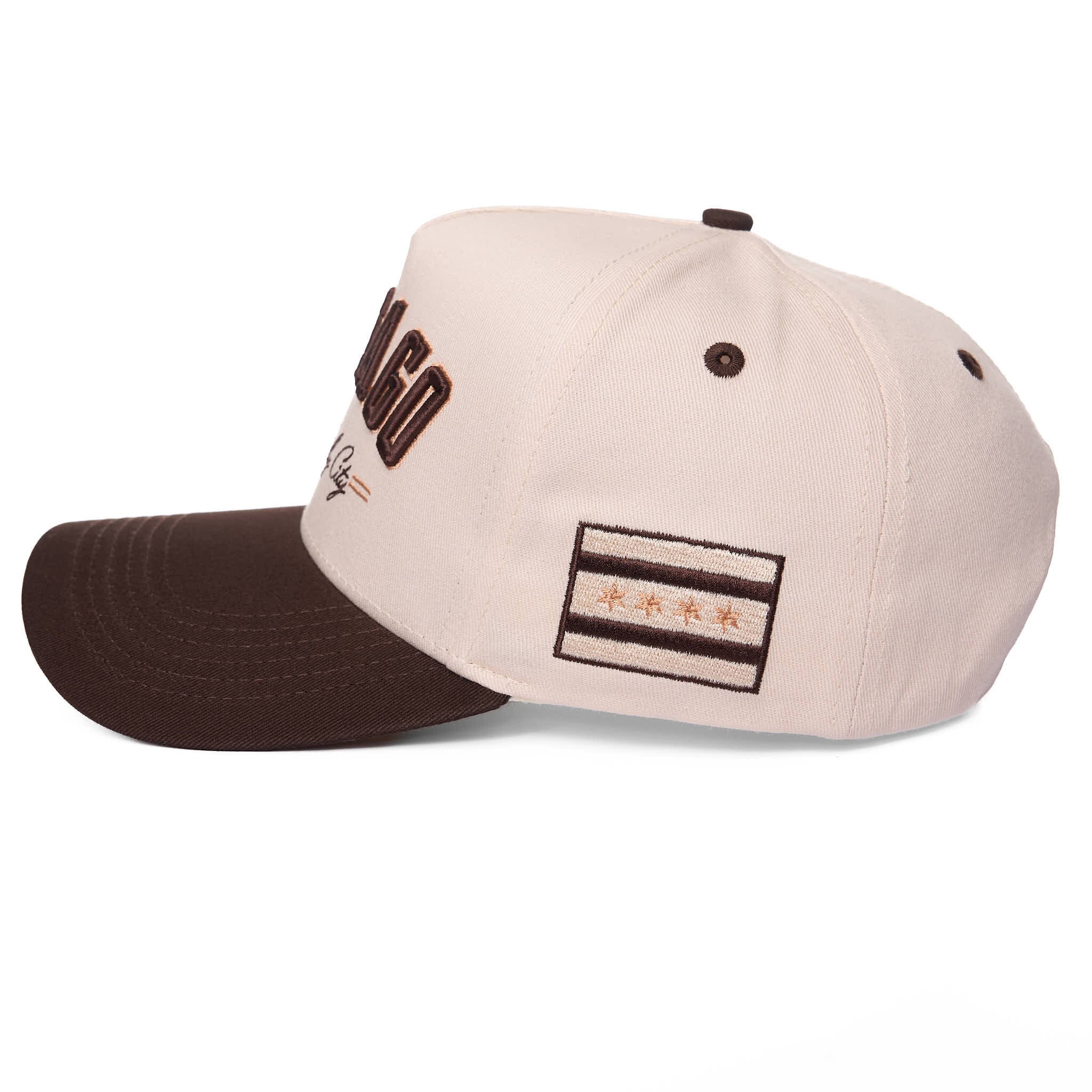 Two-tone cap with brown and beige colors on a white background