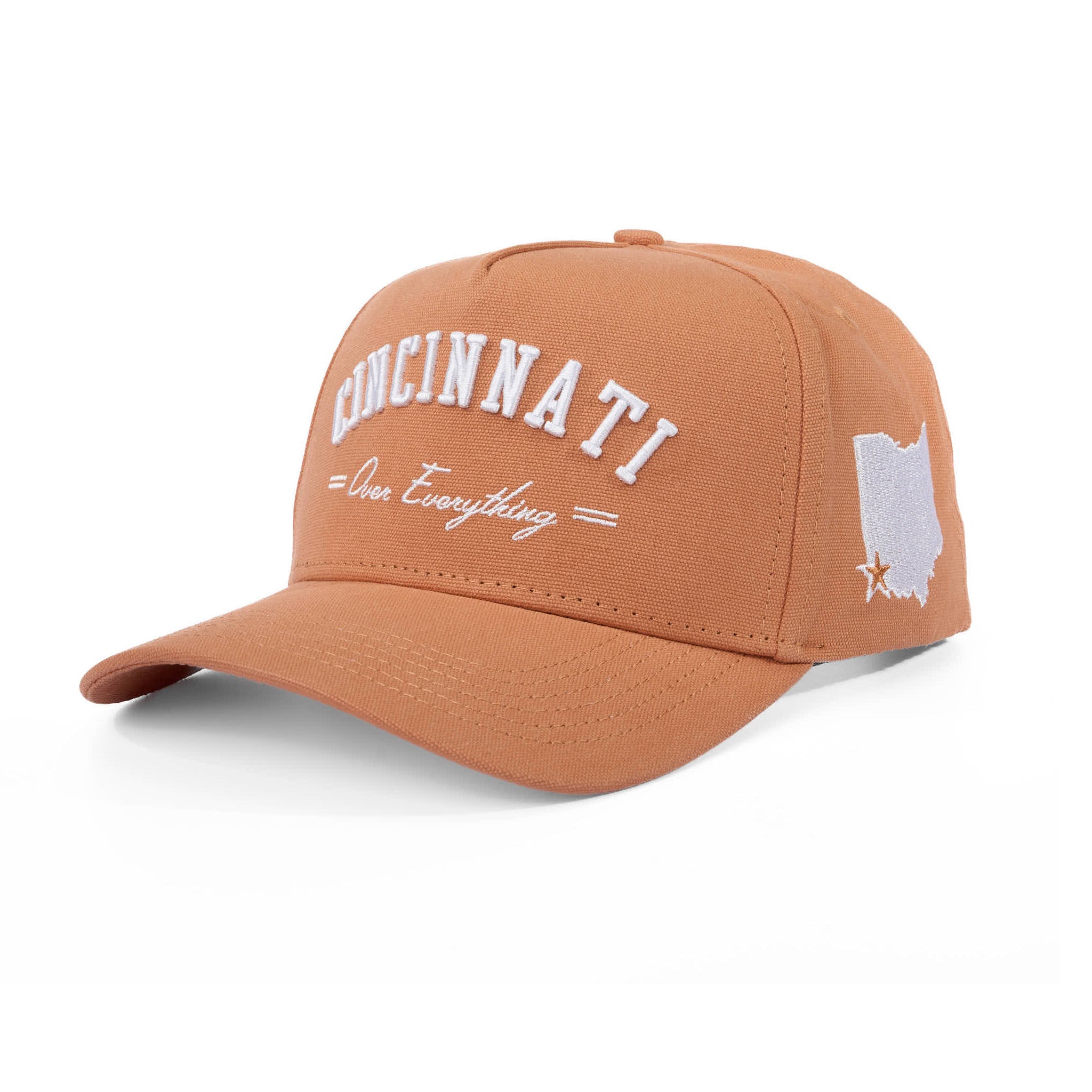 Brown cap with 'Cincinnati Over Everything' text and Ohio outline on a white background