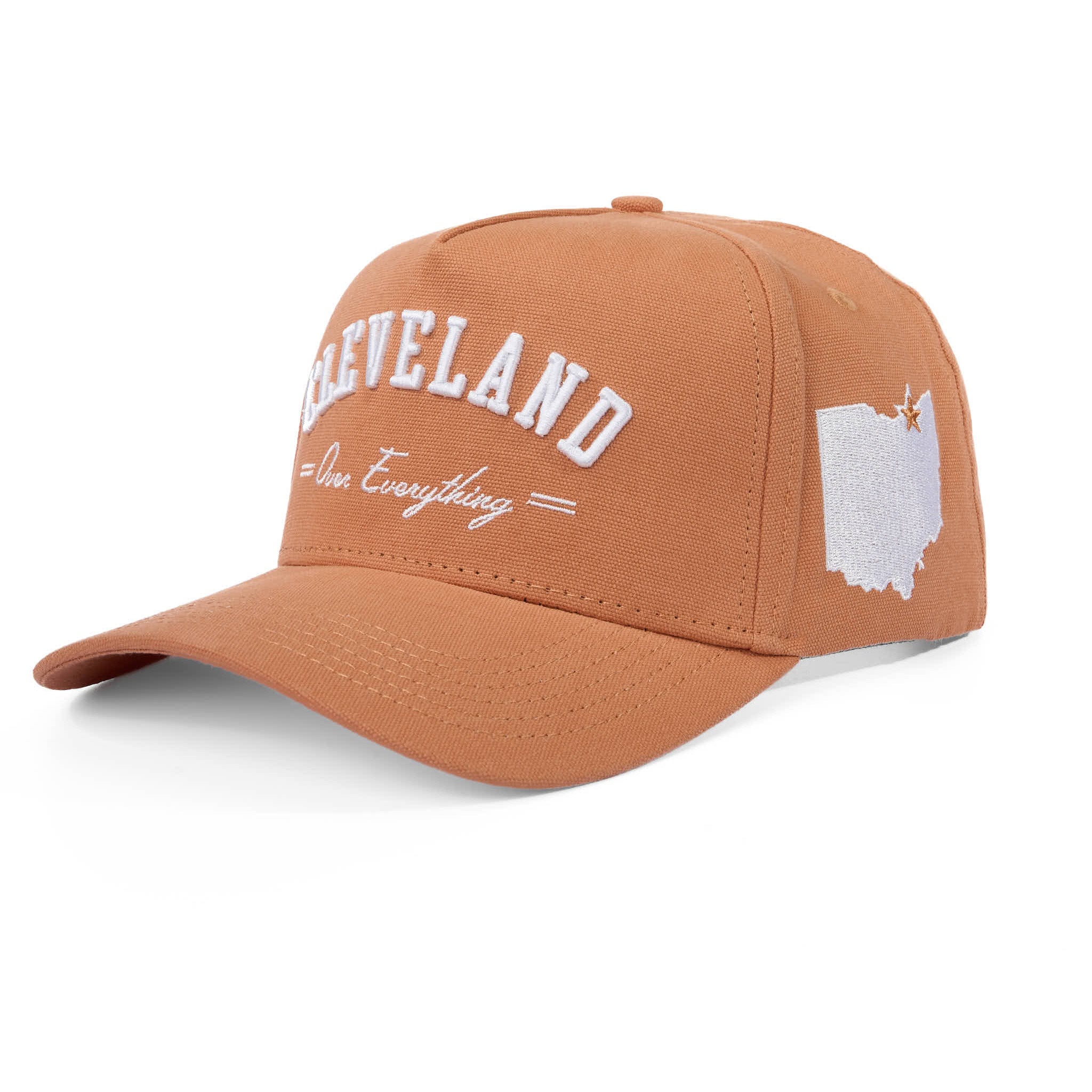 Brown cap with 'Cleveland Over Everything' text and the state of Ohio outline on a white background