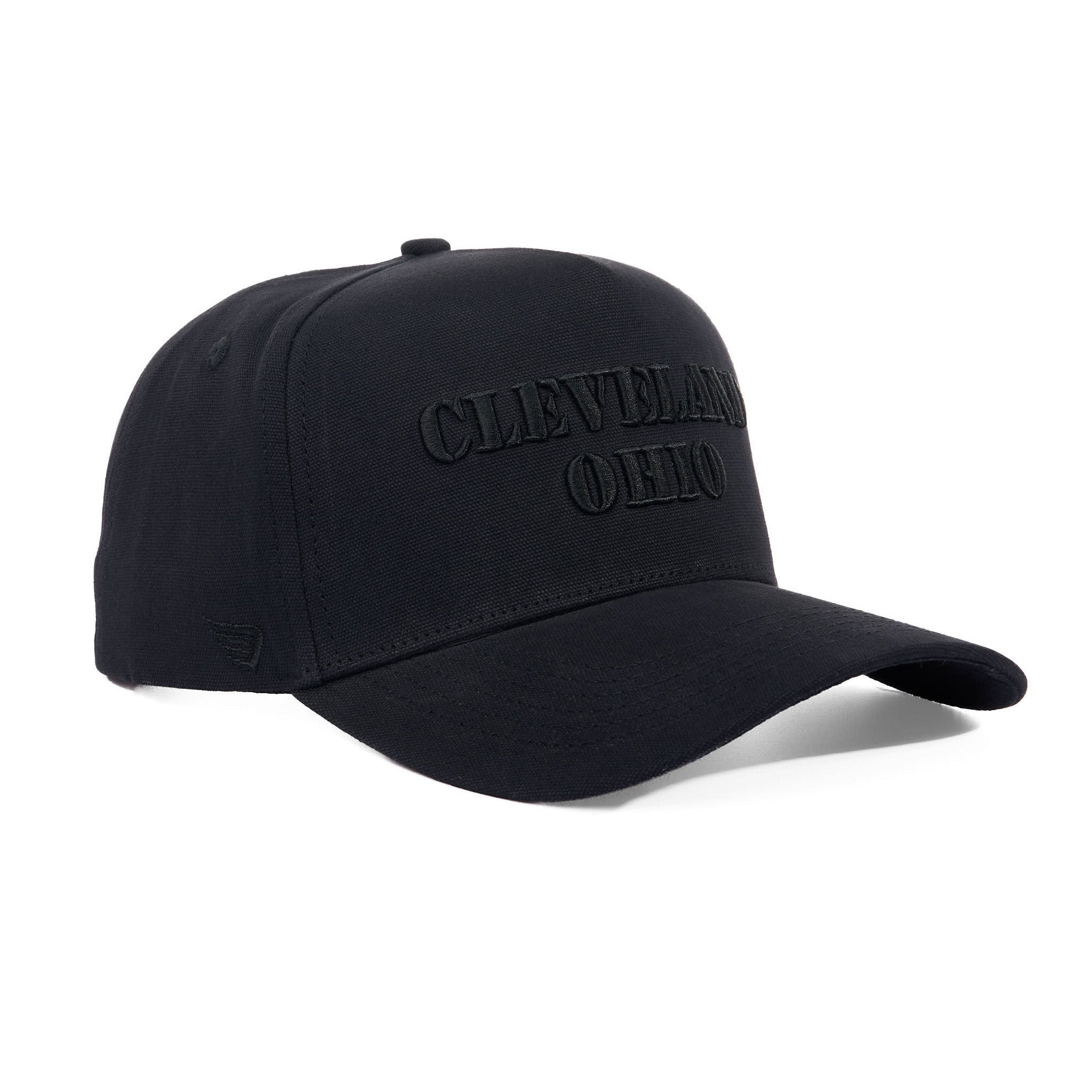 Black baseball cap with 'Cleveland Ohio' text on a white background