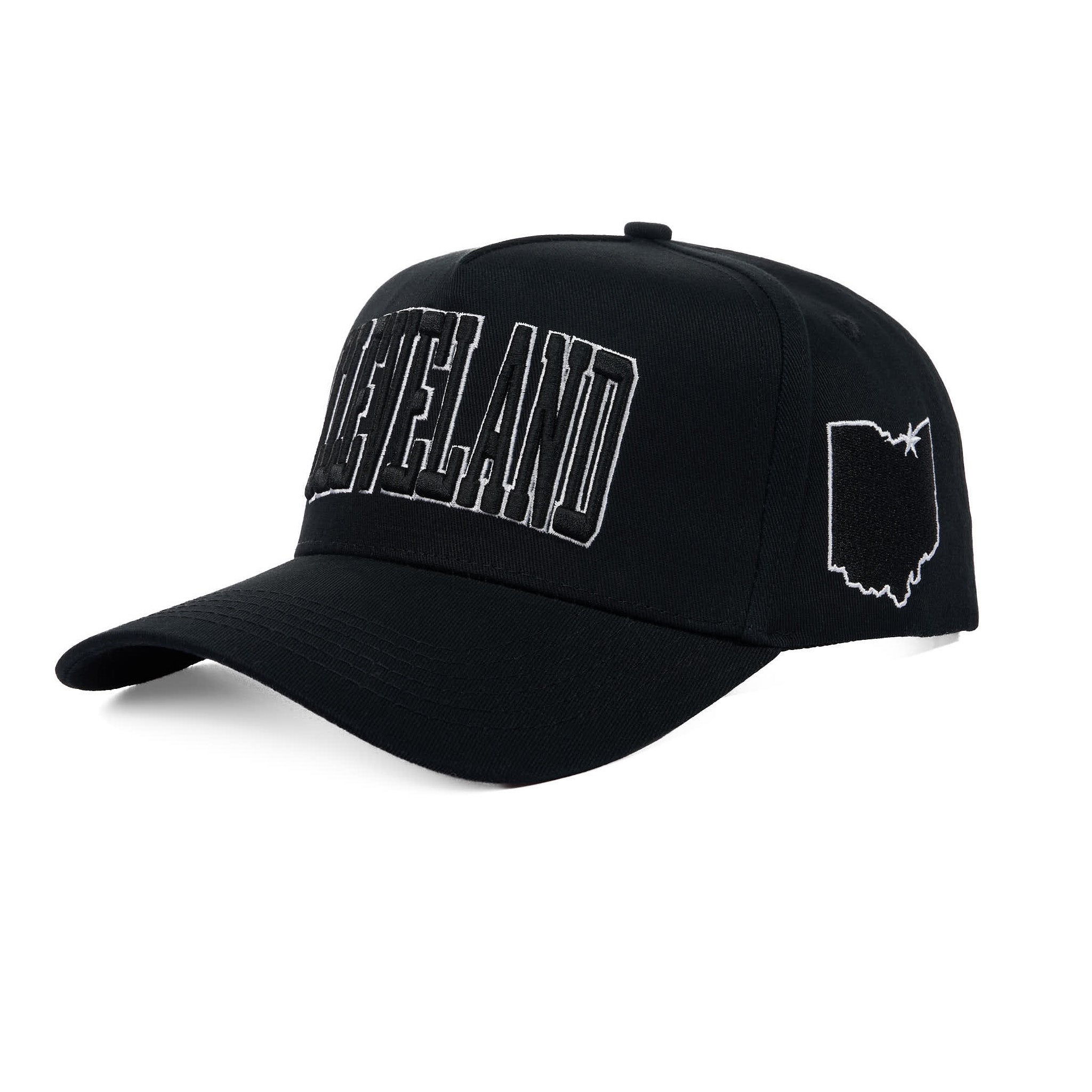 Black cap with 'CLEVELAND' and Ohio outline on a white background