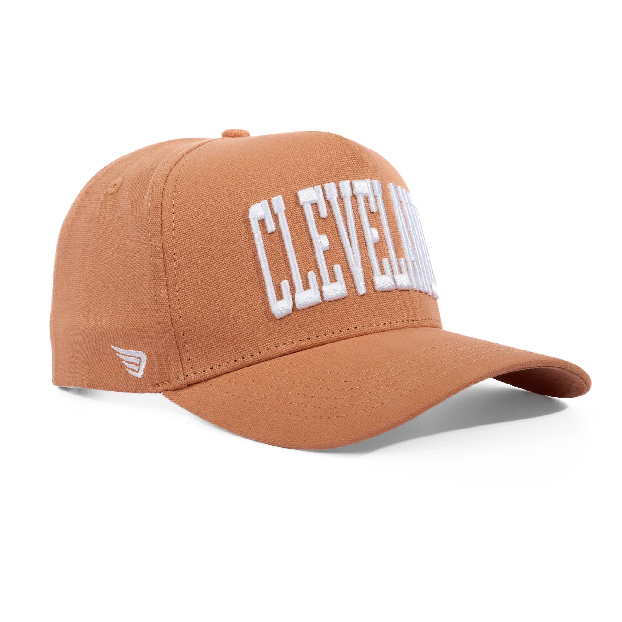 Brown cap with 'CLEVELAND' text on a white background
