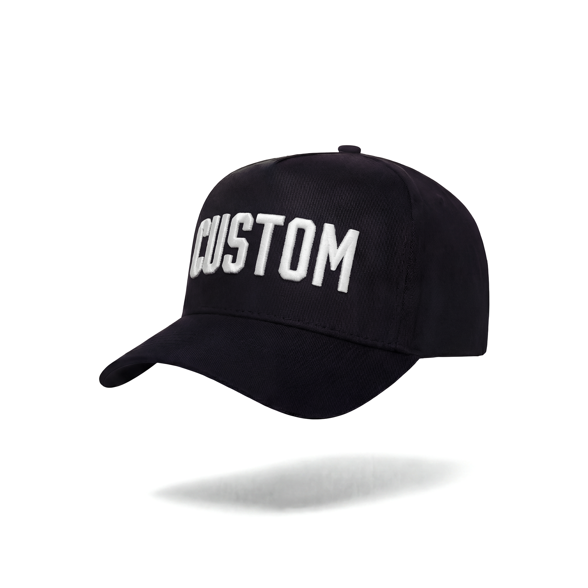 Black cap with 'CUSTOM' text on a white background