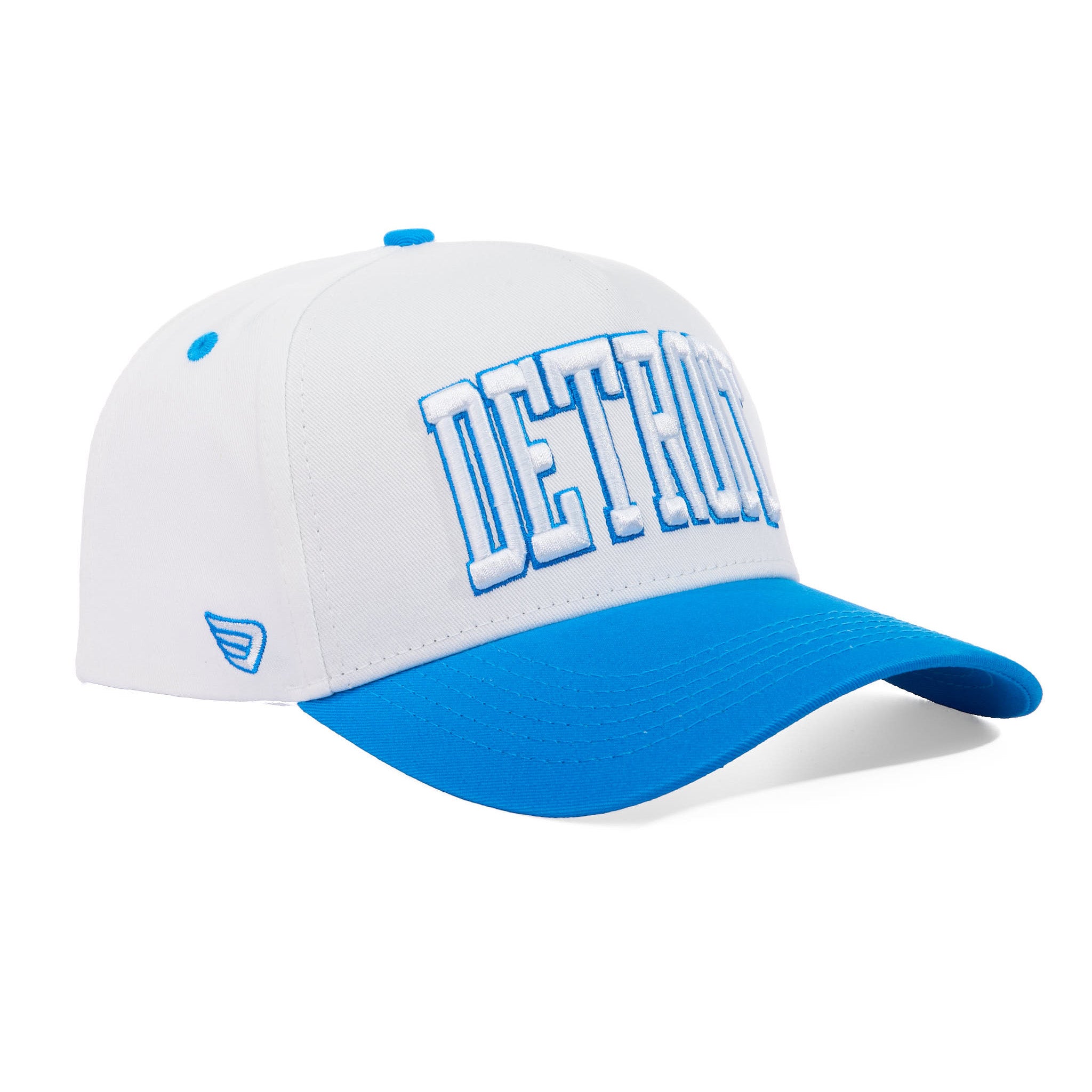 White and blue cap with 'Detroit' text on a white background