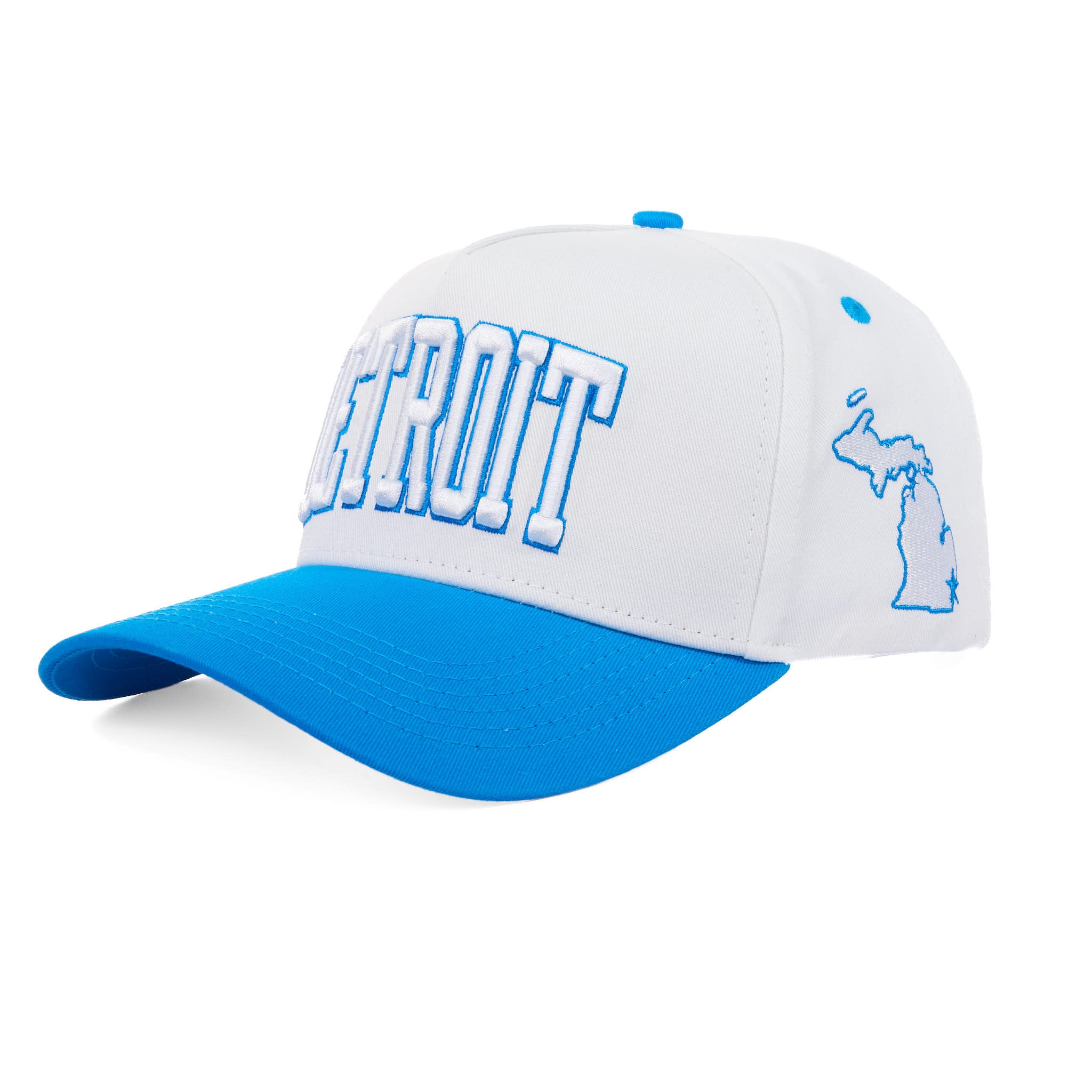 White and blue cap with 'Detroit' and Michigan outline on a white background