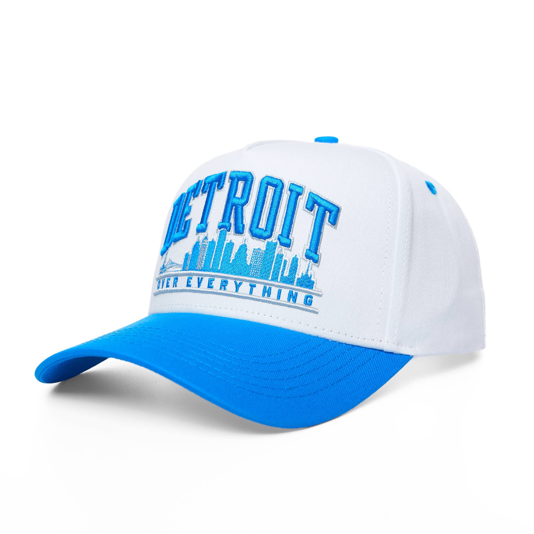 White and blue cap with 'Detroit Over Everything' text on a white background