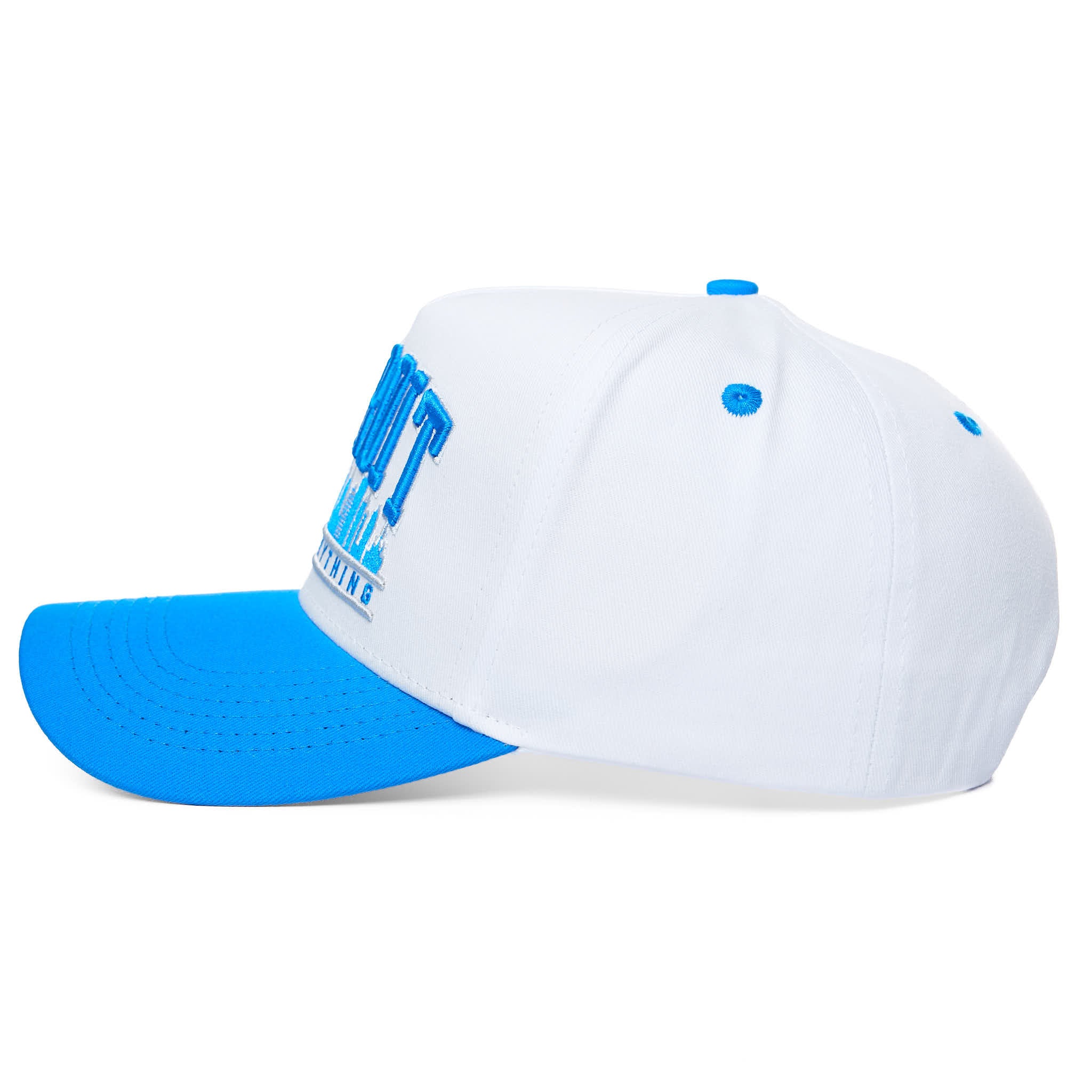White cap with blue brim and accents on a white background