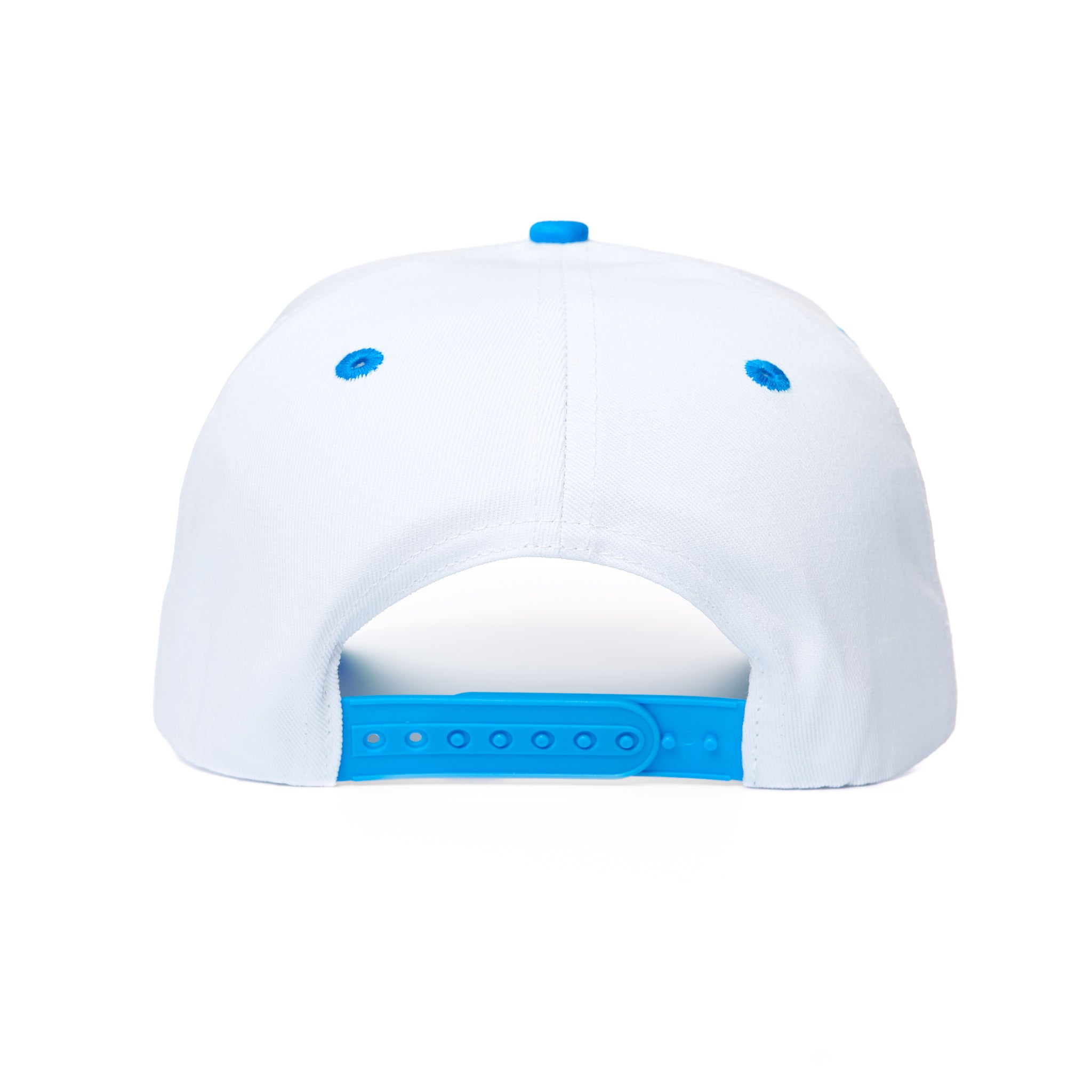 White cap with blue accents on a white background