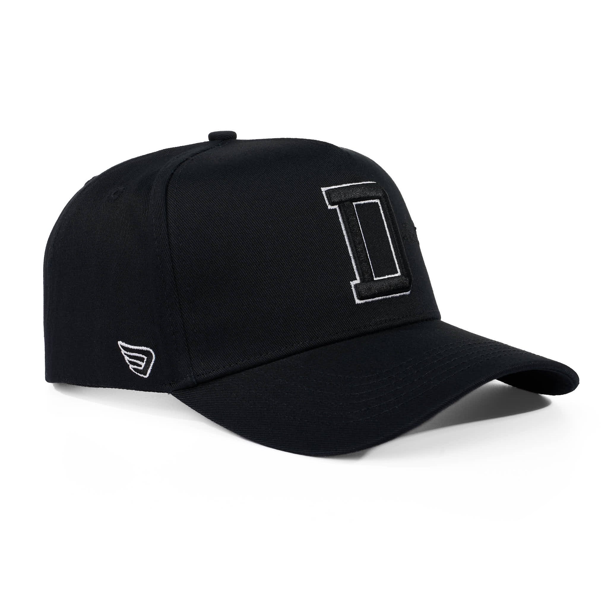 Black cap with a logo on a white background
