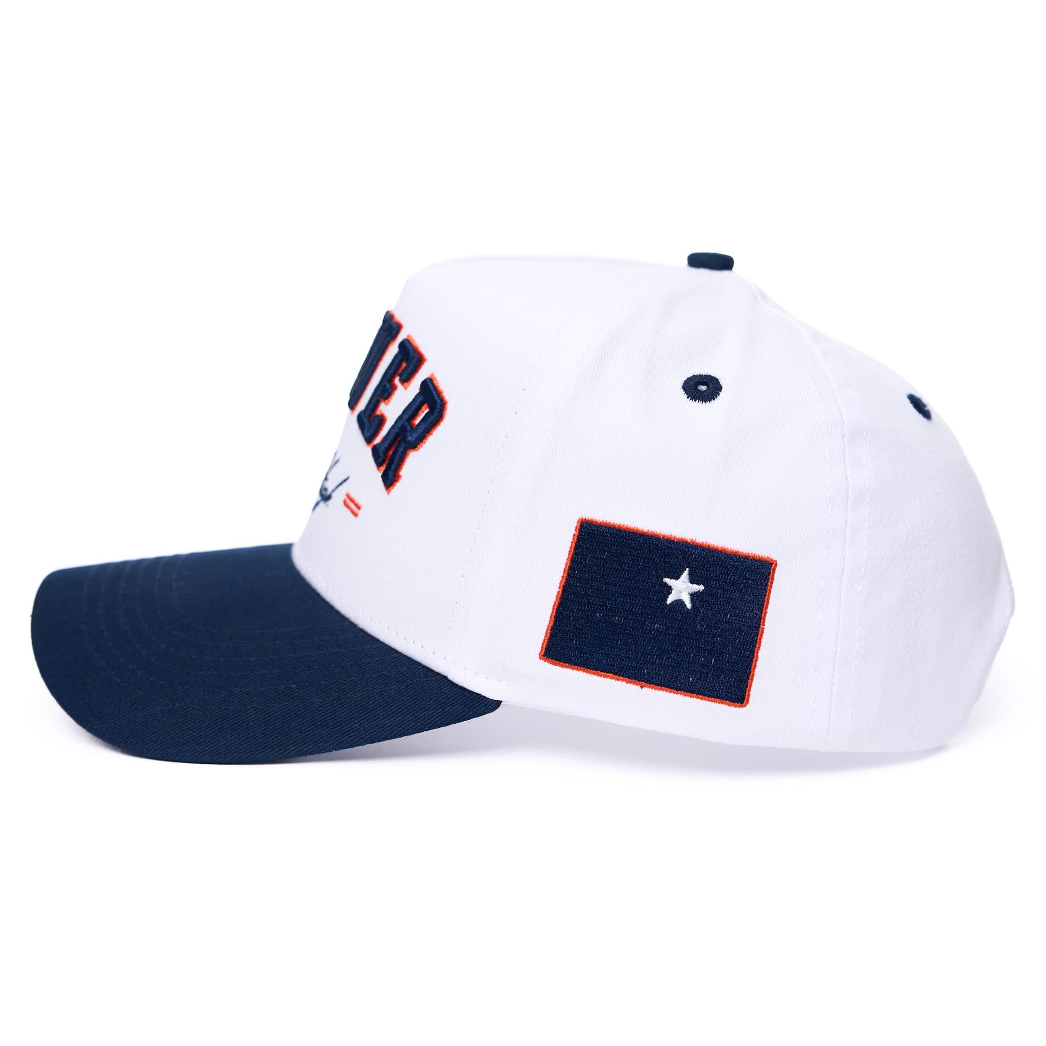 White and navy blue cap with 'Denver Mile High' text on a white background