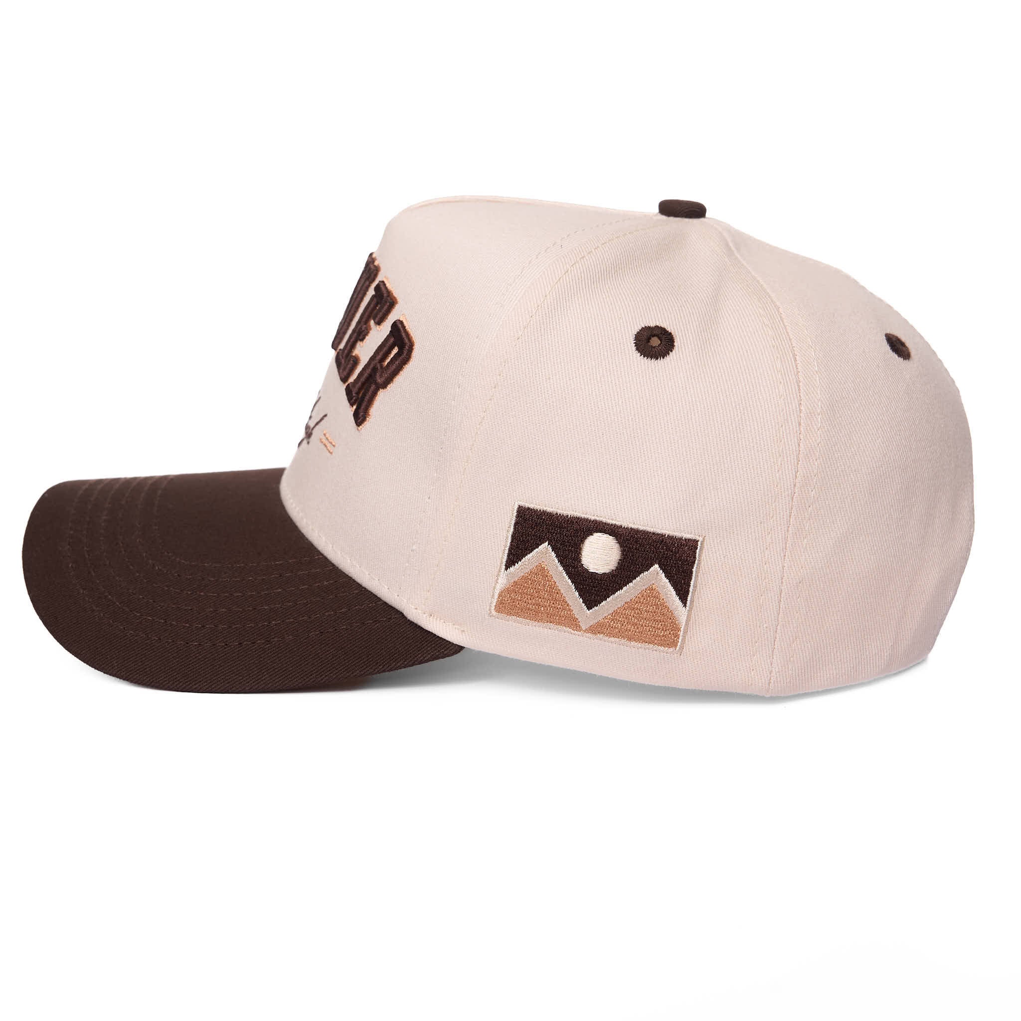 Beige and brown cap with logo on a white background
