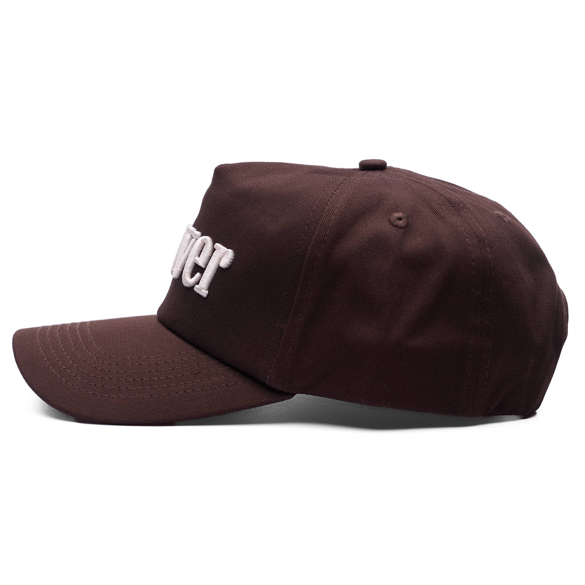 Brown cap with white text on a white background