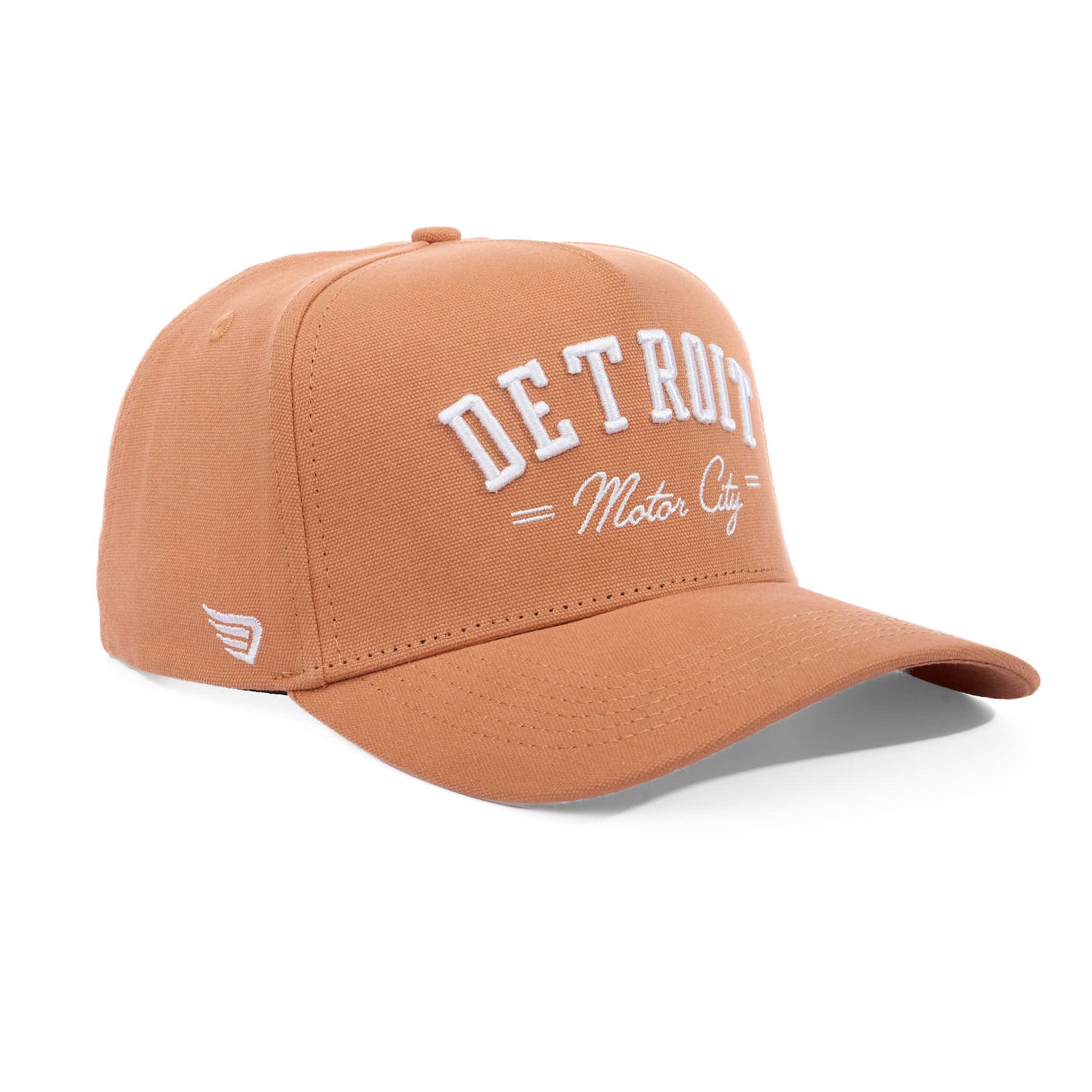 Brown cap with 'Detroit Motor City' text on a white background