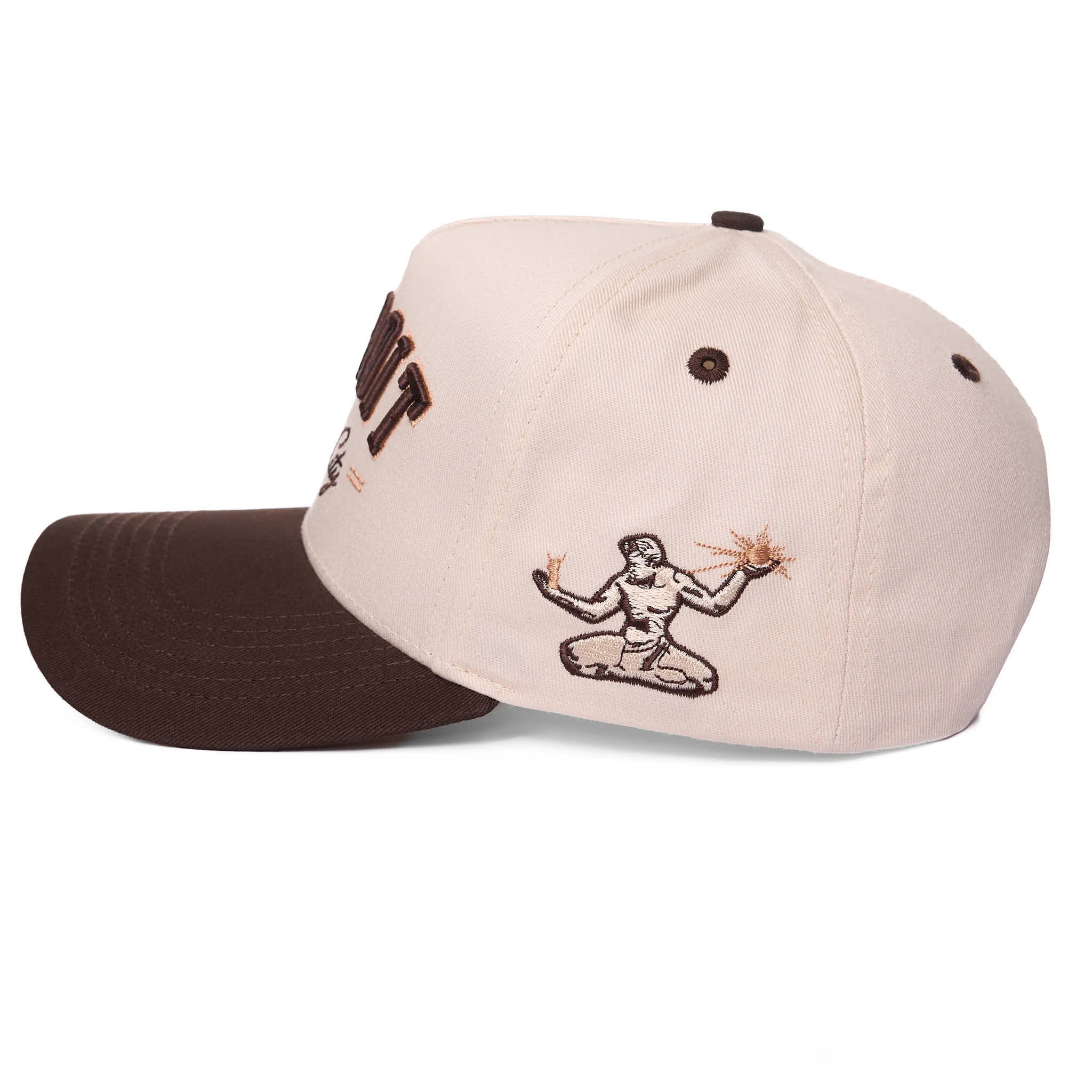 Two-tone cap with brown brim and beige top, featuring an embroidered design on a white background.