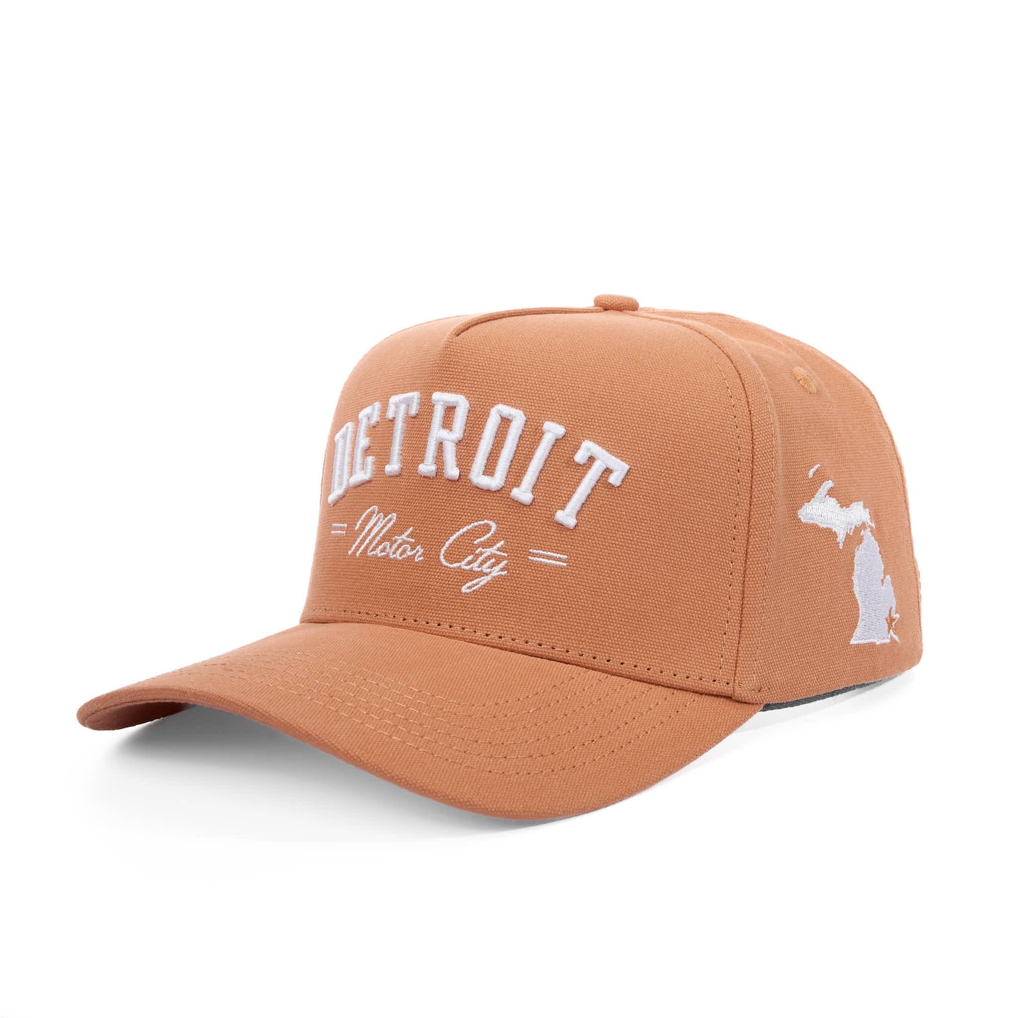 Brown cap with 'Detroit Motor City' text and a map of Michigan on a white background