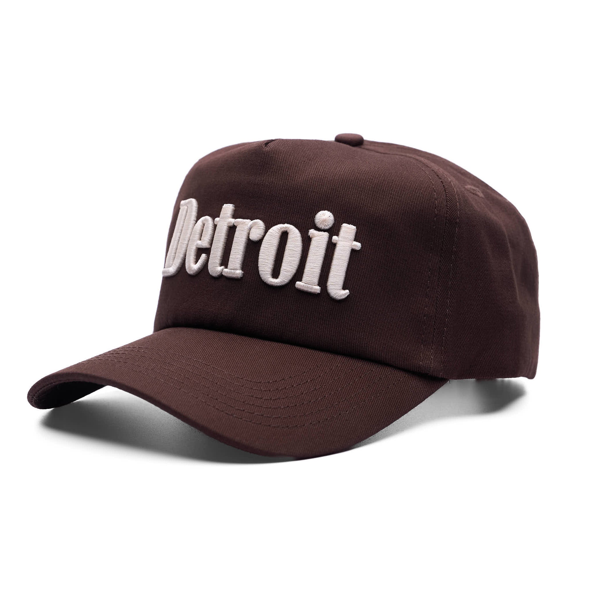 Brown cap with 'Detroit' embroidered on it against a white background